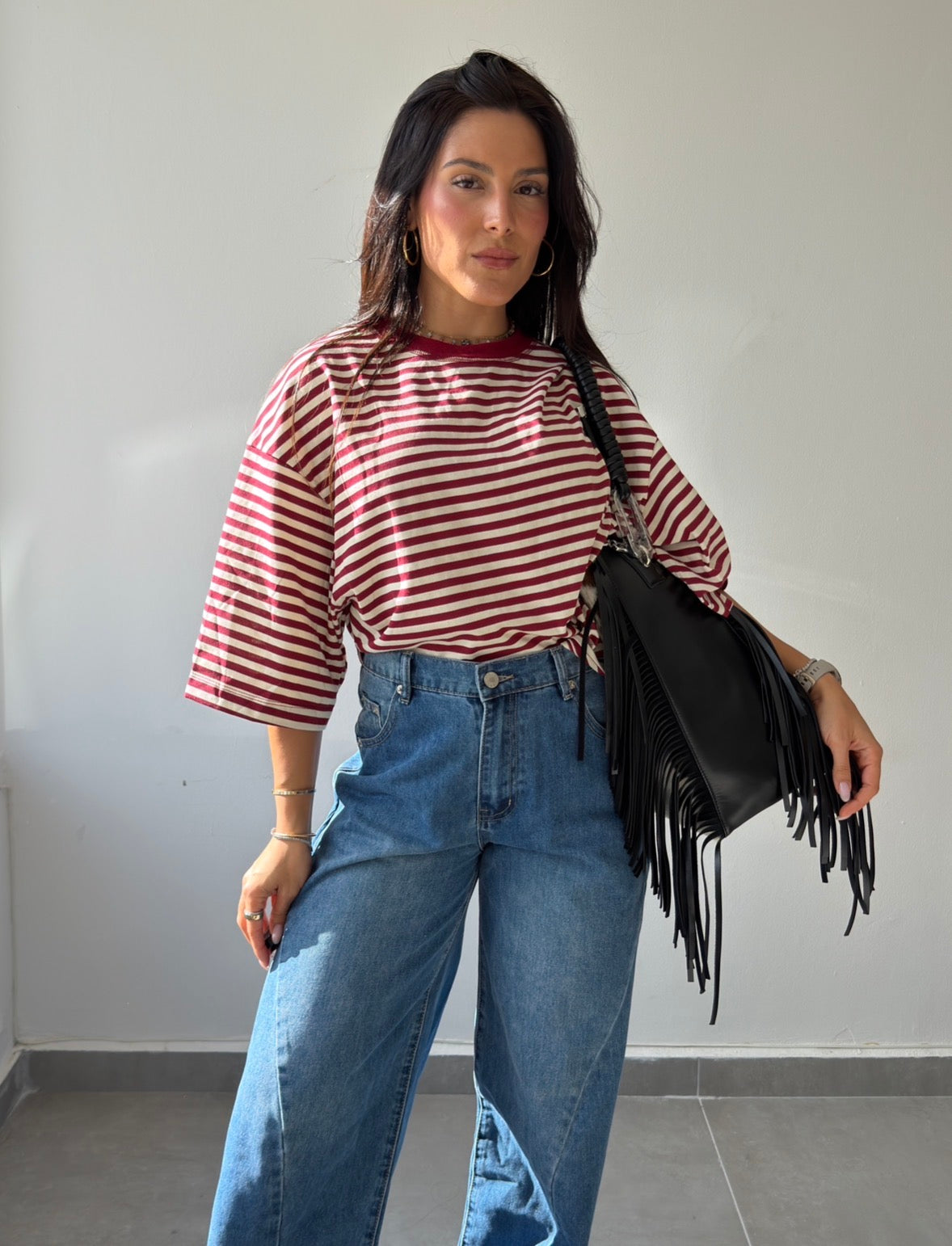 Burgundy/Ivory Stripes Oversized Shirt