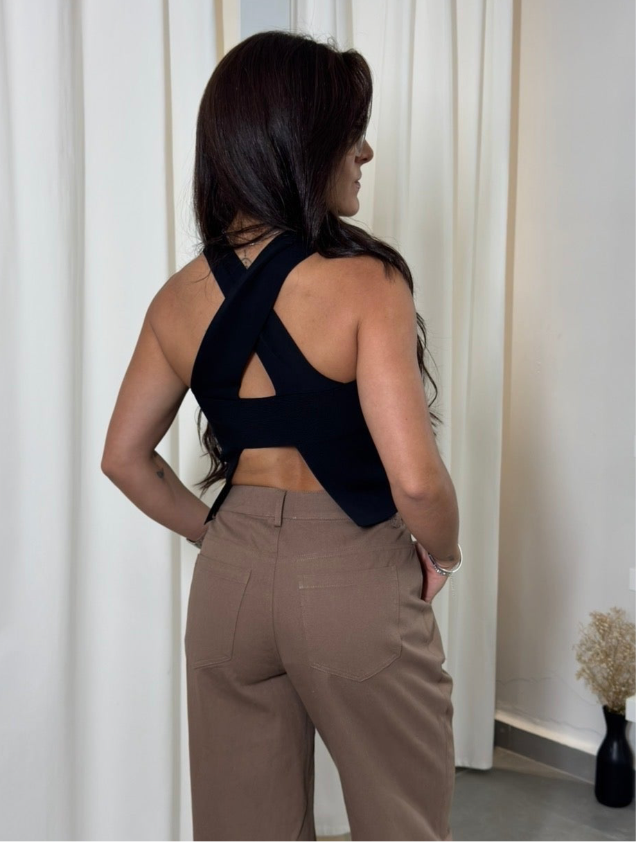 Black Knit Cut Out Back Top