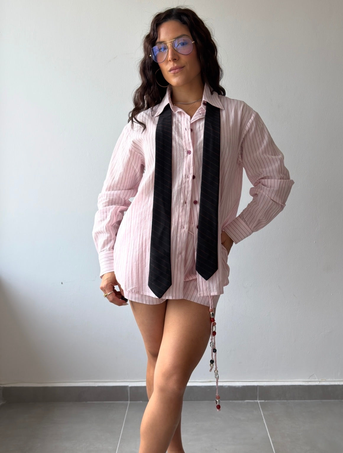 Pink Stripes Shirt with Tie