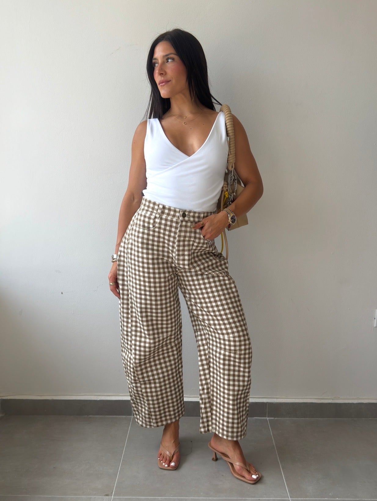 Taupe Gingham Barrel Pants