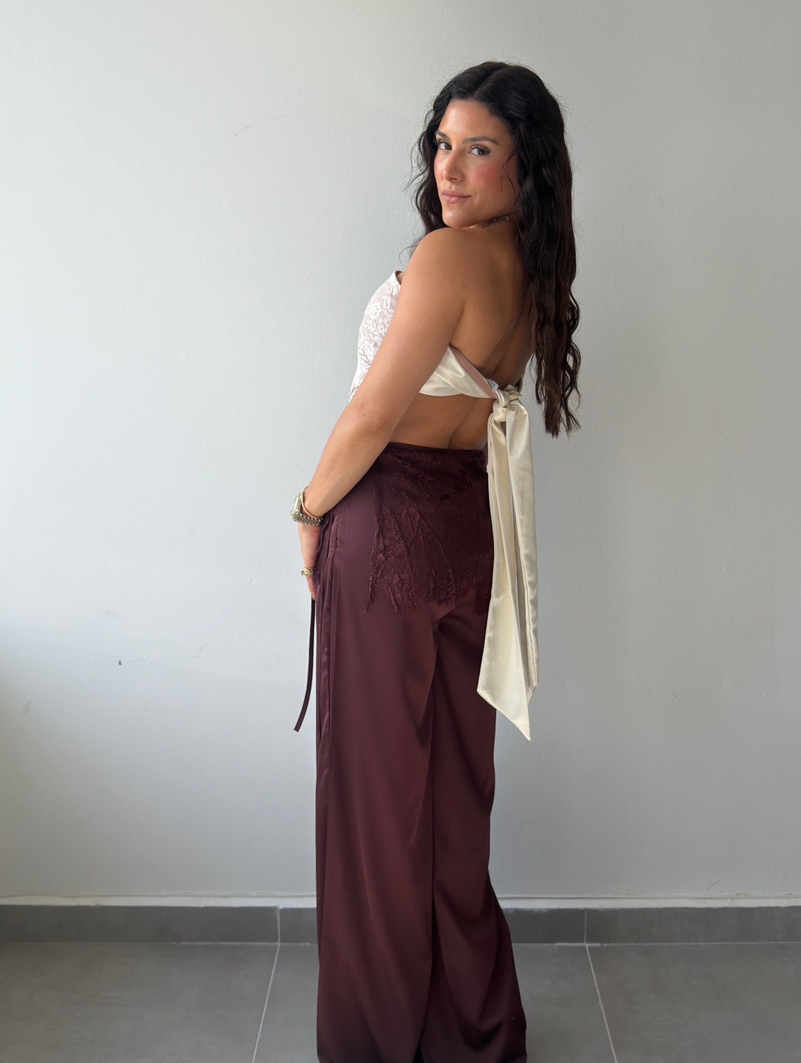 Burgundy Lace Overlay Satin Pants