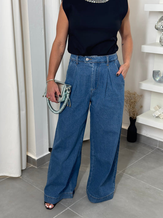 Pleated Wide Leg Denim Jeans