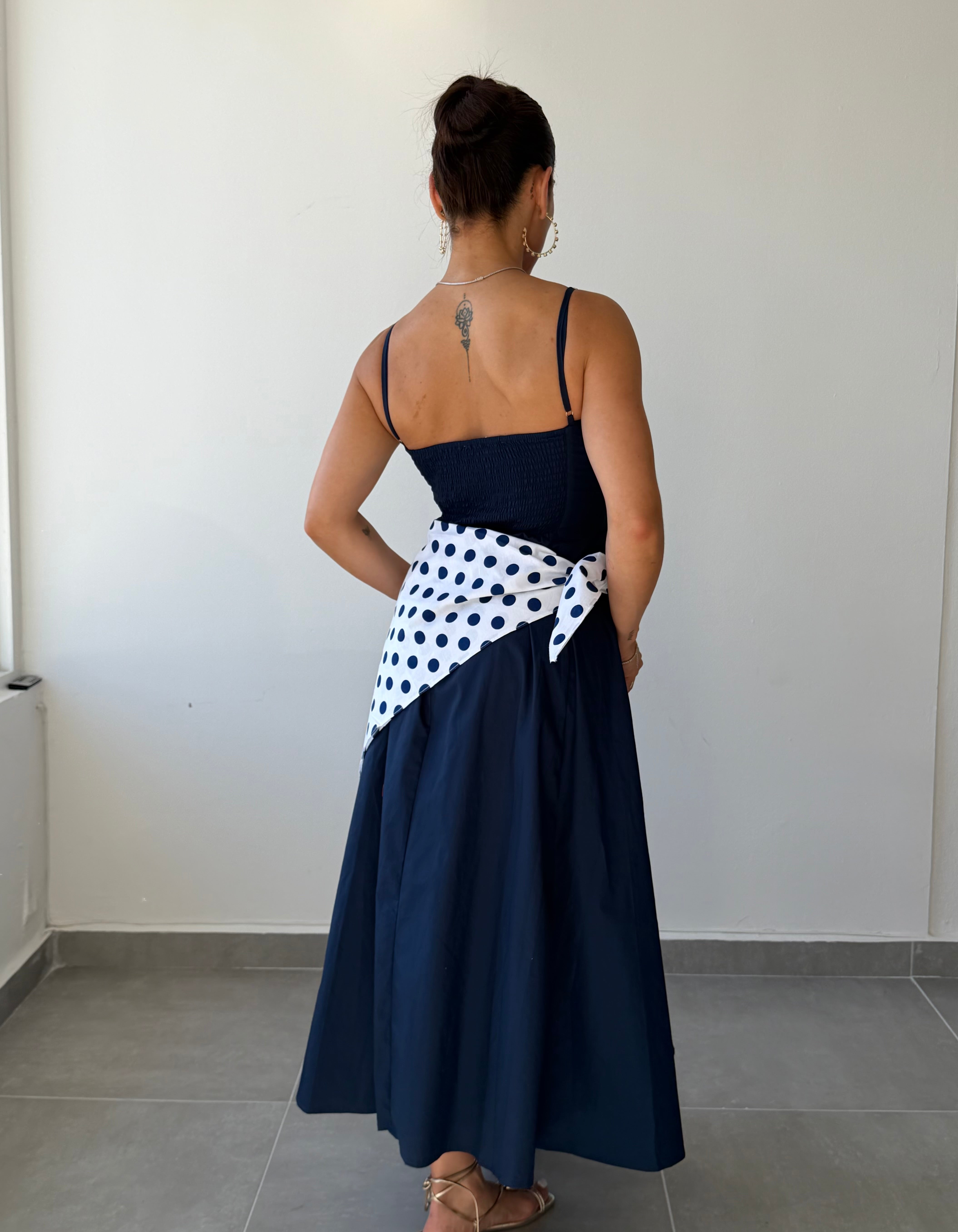 Navy Polka Scarf Midi Dress