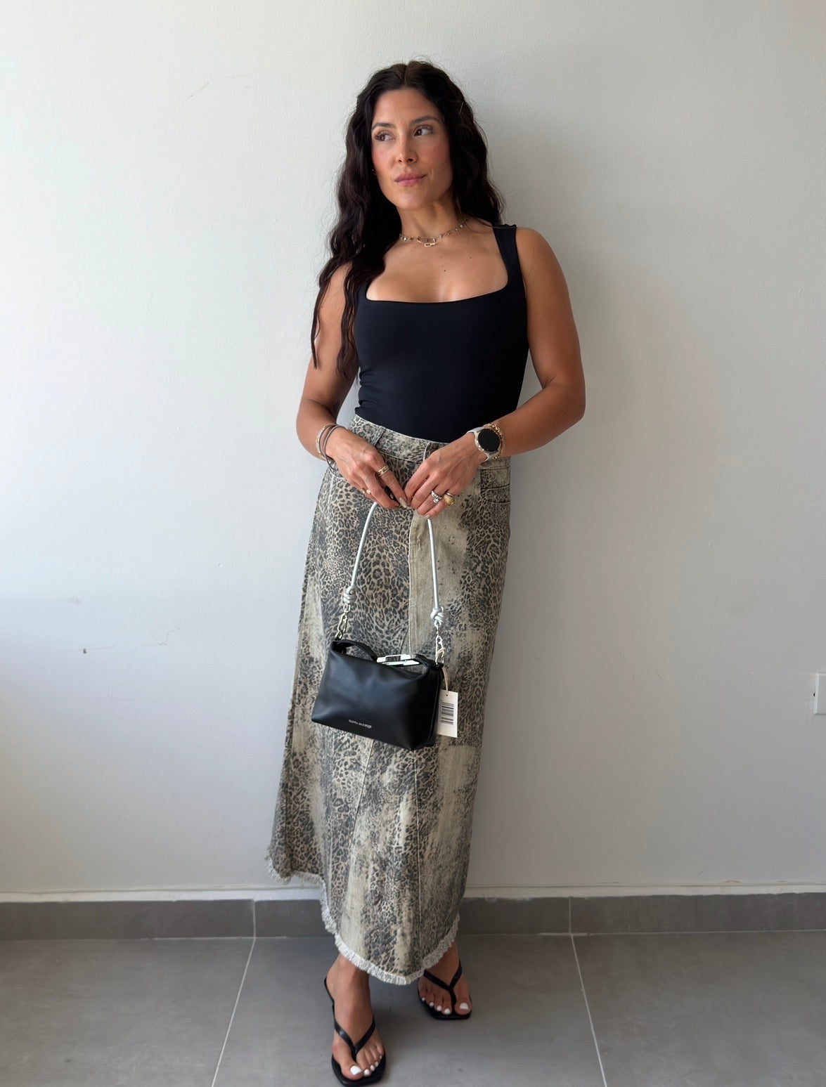 Leopard Denim Maxi Skirt