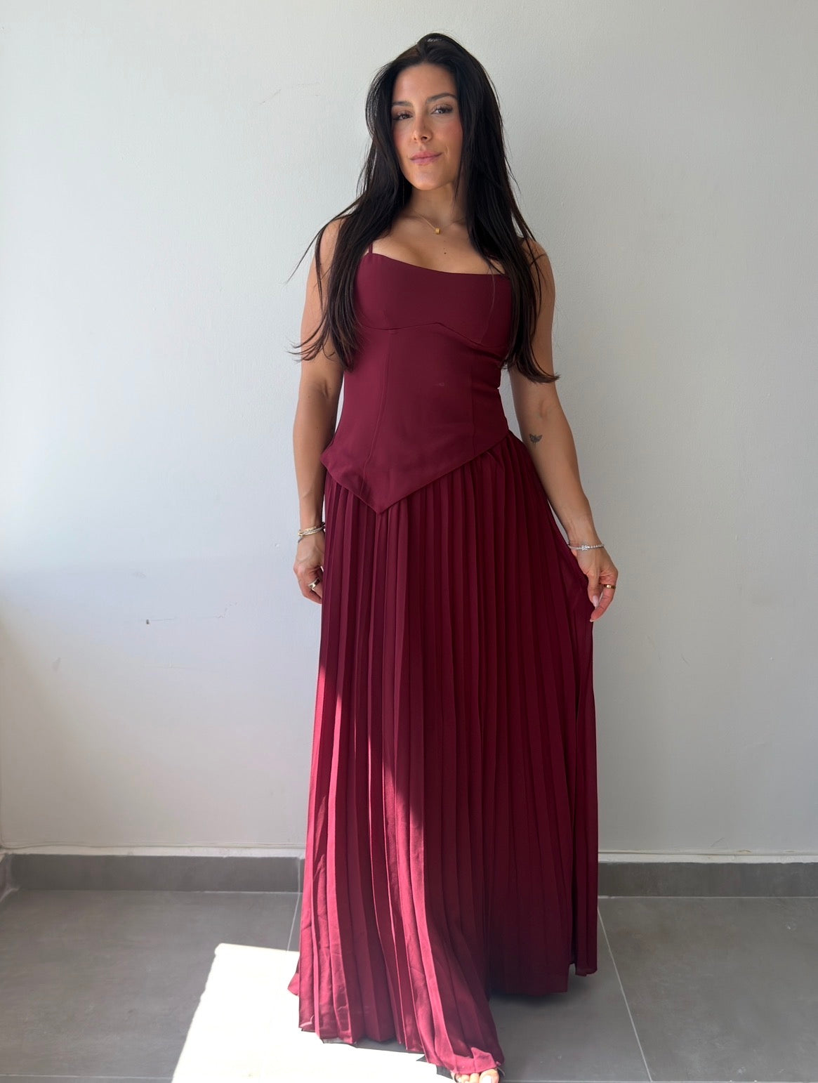 Burgundy Pleated Midi Dress