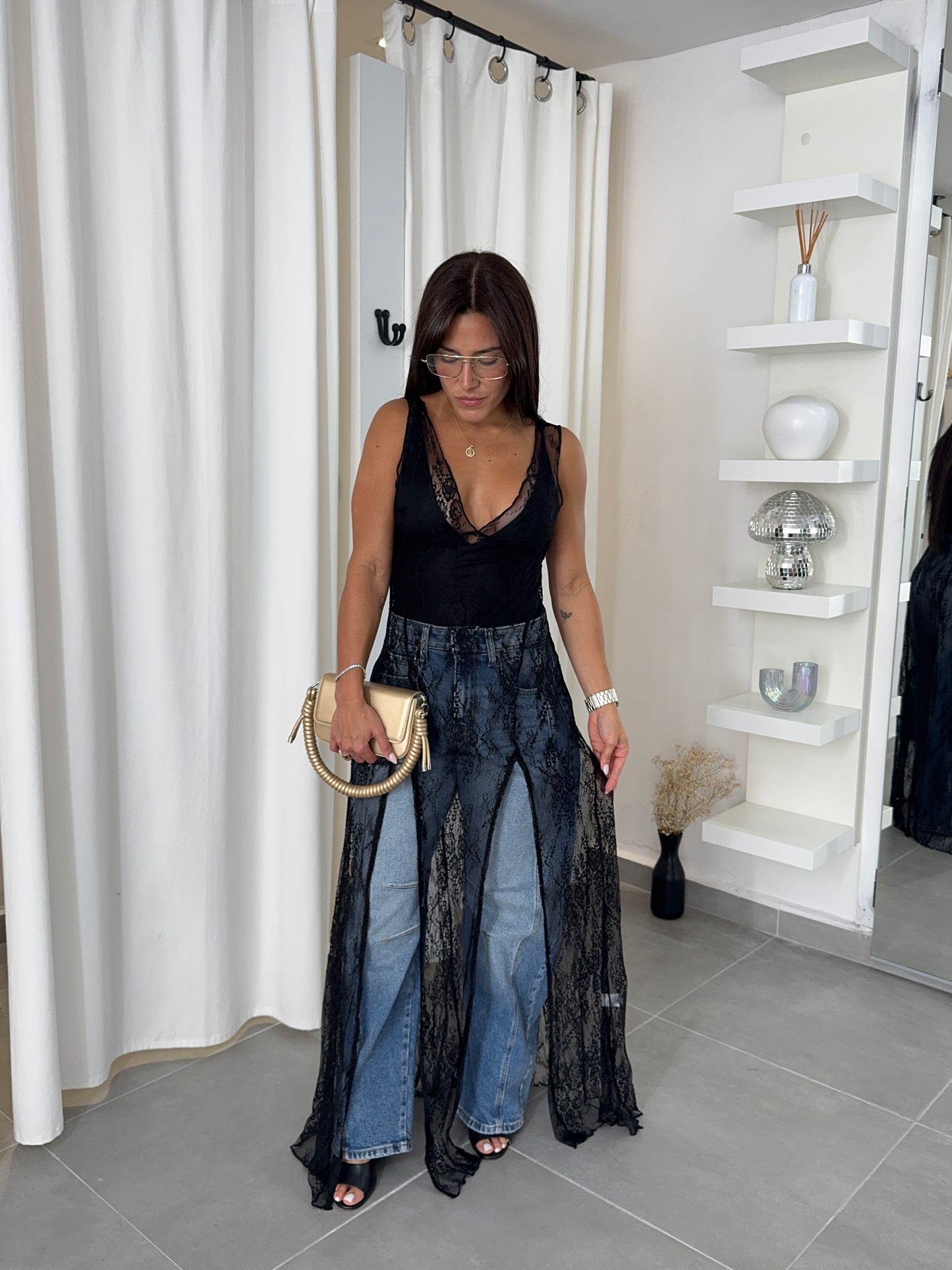 1 SMALL! Black Bodysuit and Lace Dress Set