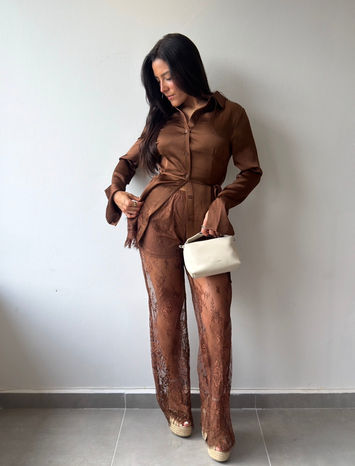 Brown Satin Lace Set