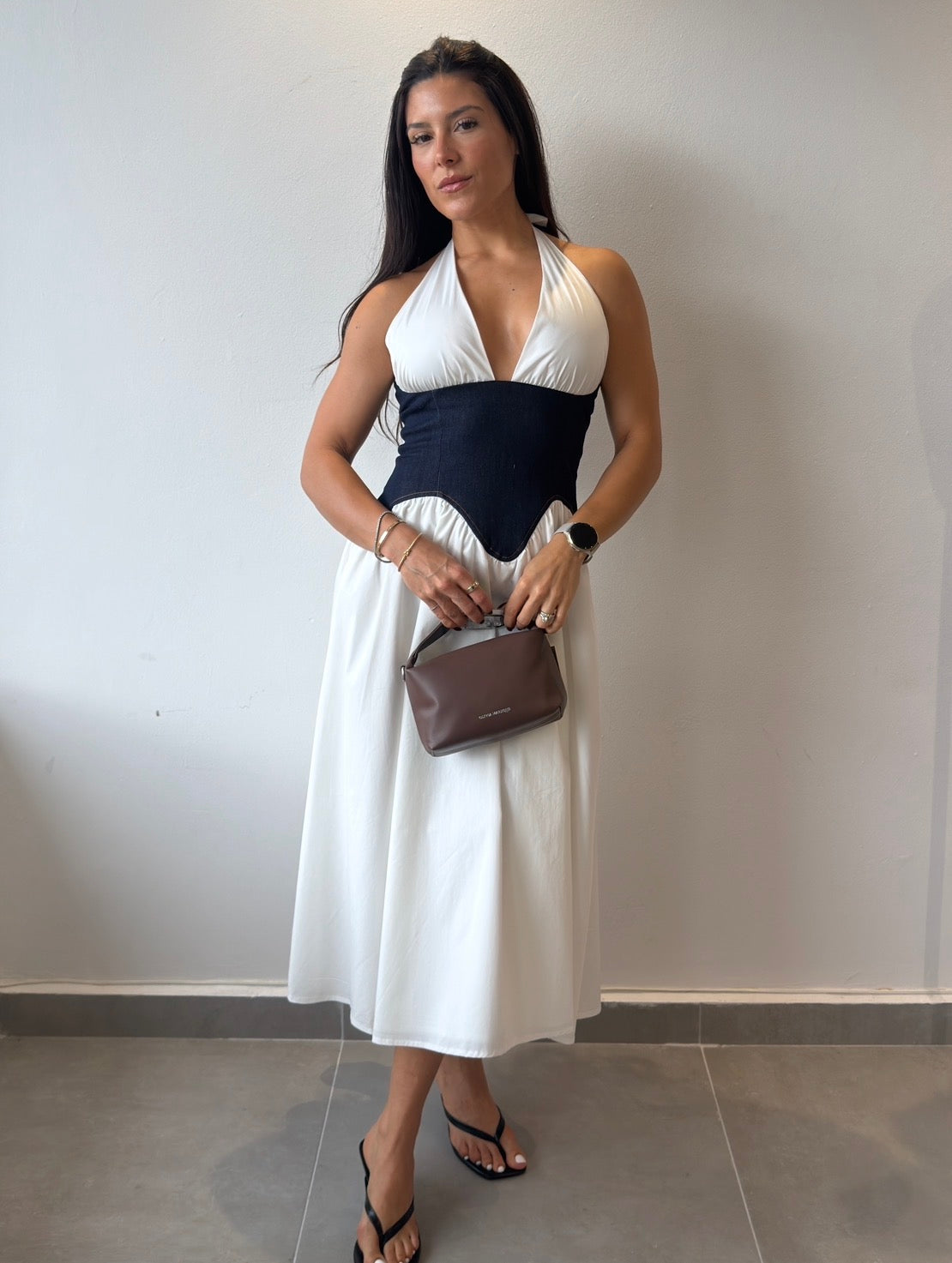 White Denim Waist Midi Dress