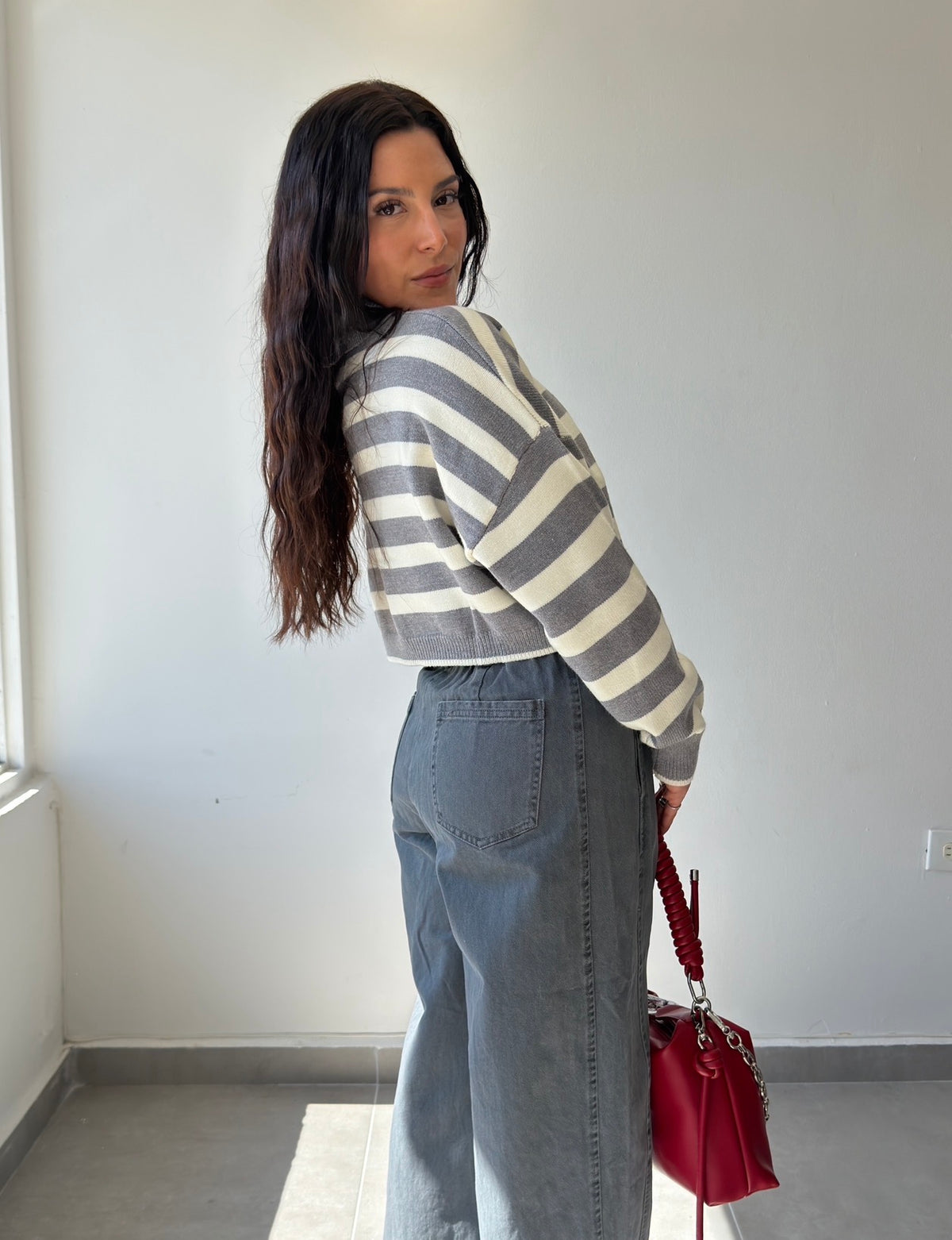 Grey Striped Cropped Sweater