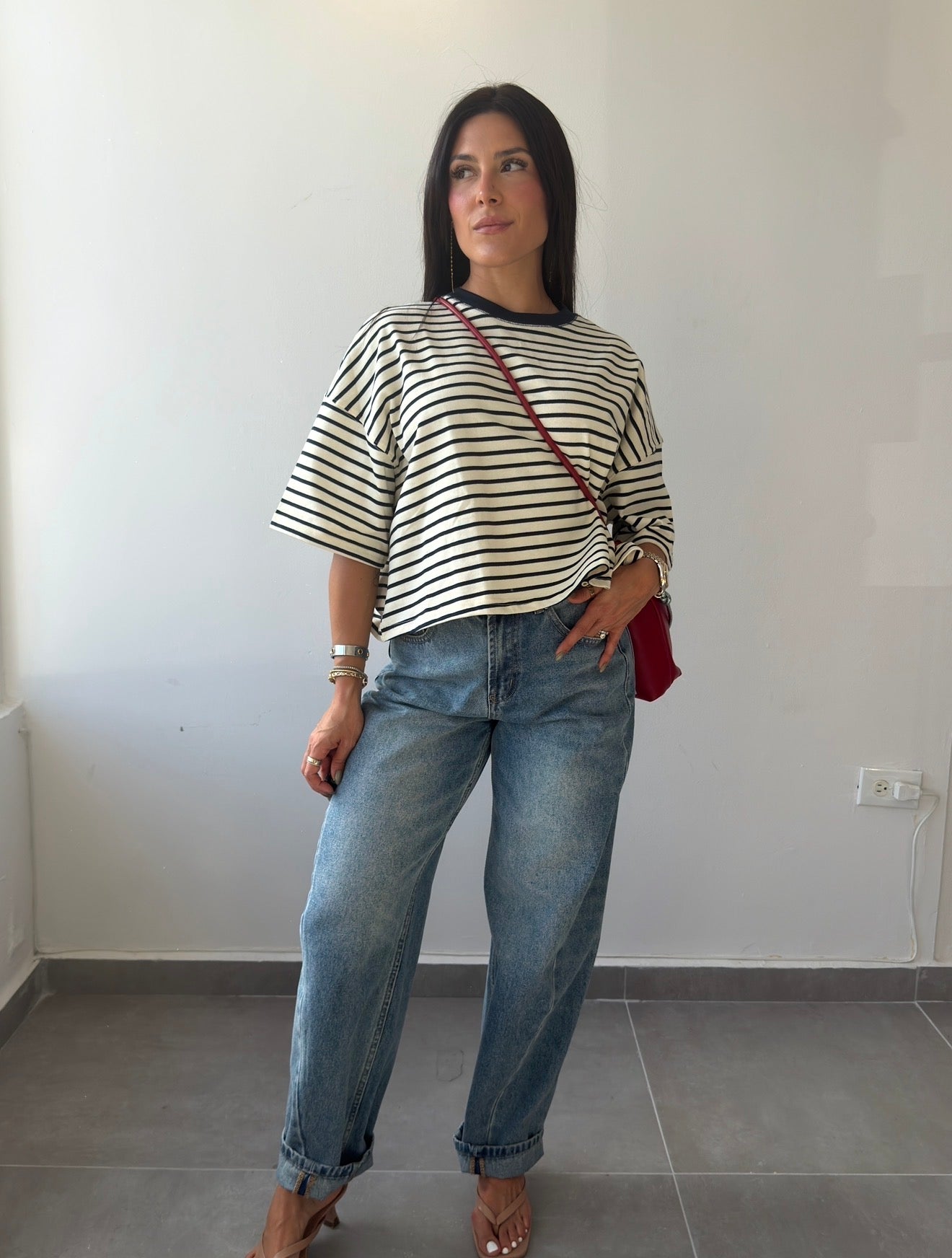 Navy/Ecru Stripes Oversized Top