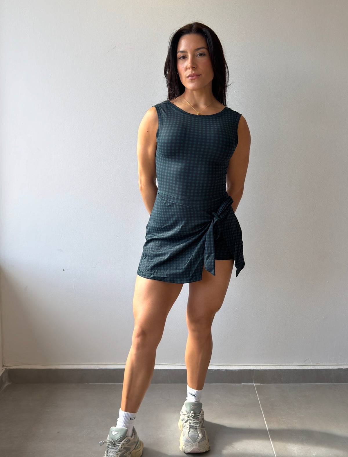 Hunter/Navy Gingham Print Romper Dress