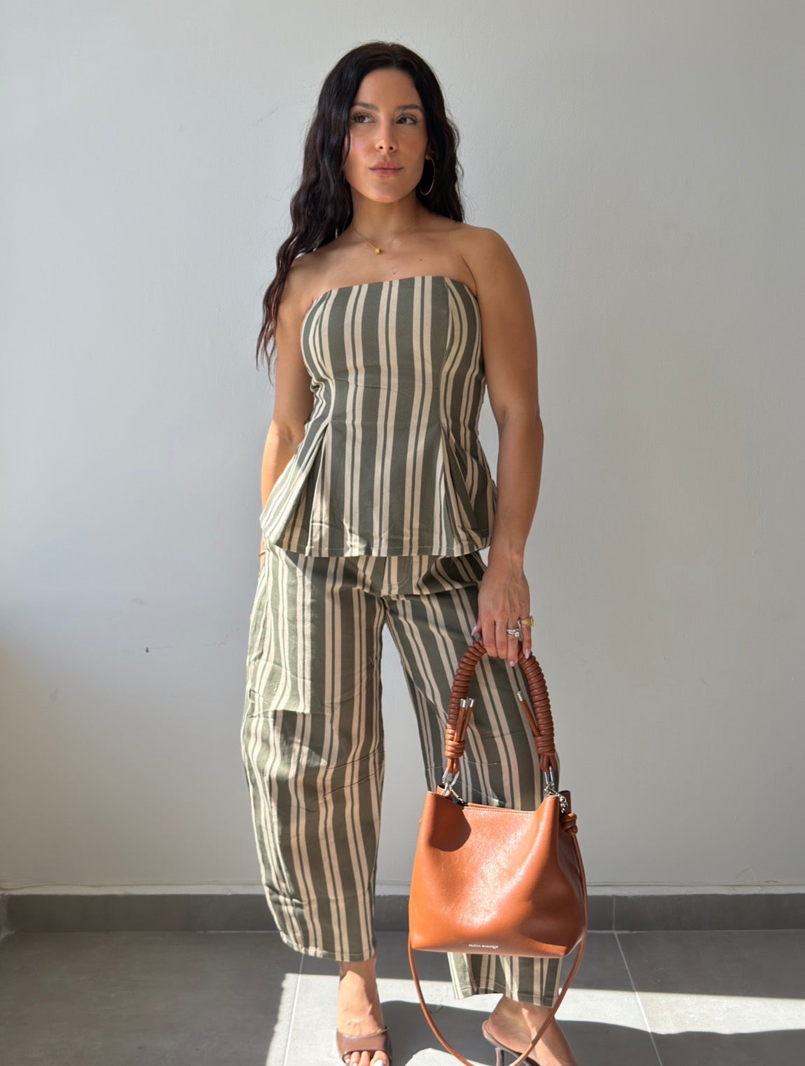 Olive/Cream Striped Denim Set