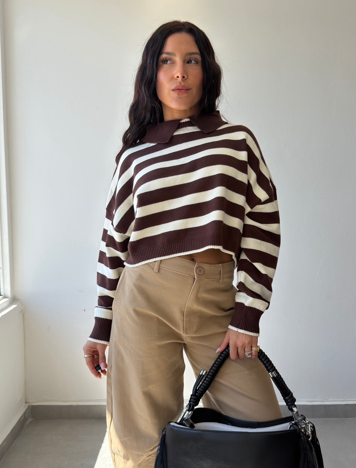 Brown Striped Cropped Sweater