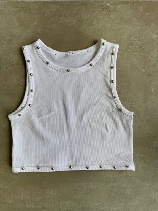 White Beaded Basic Top