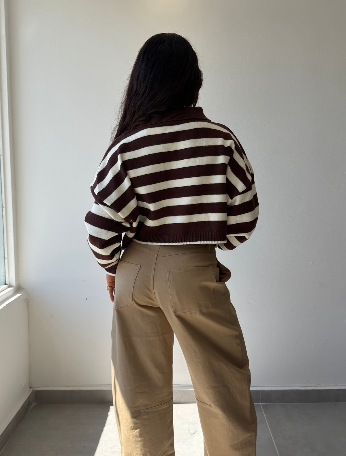 Brown Striped Cropped Sweater