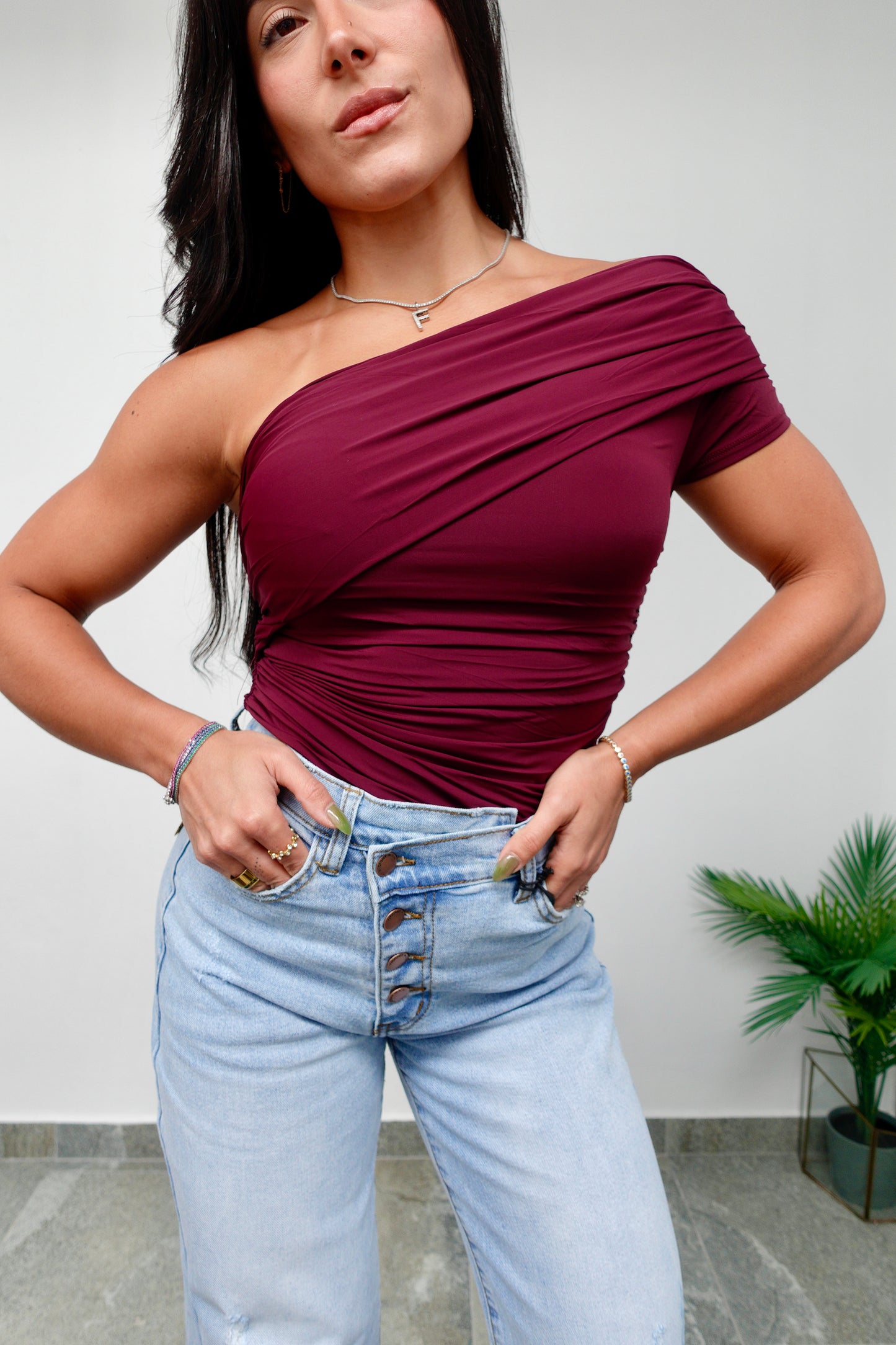 Black Cherry One Shoulder Top