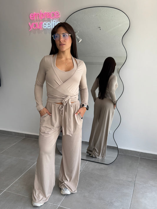 Wrap Around Long Sleeve Top (Beige)