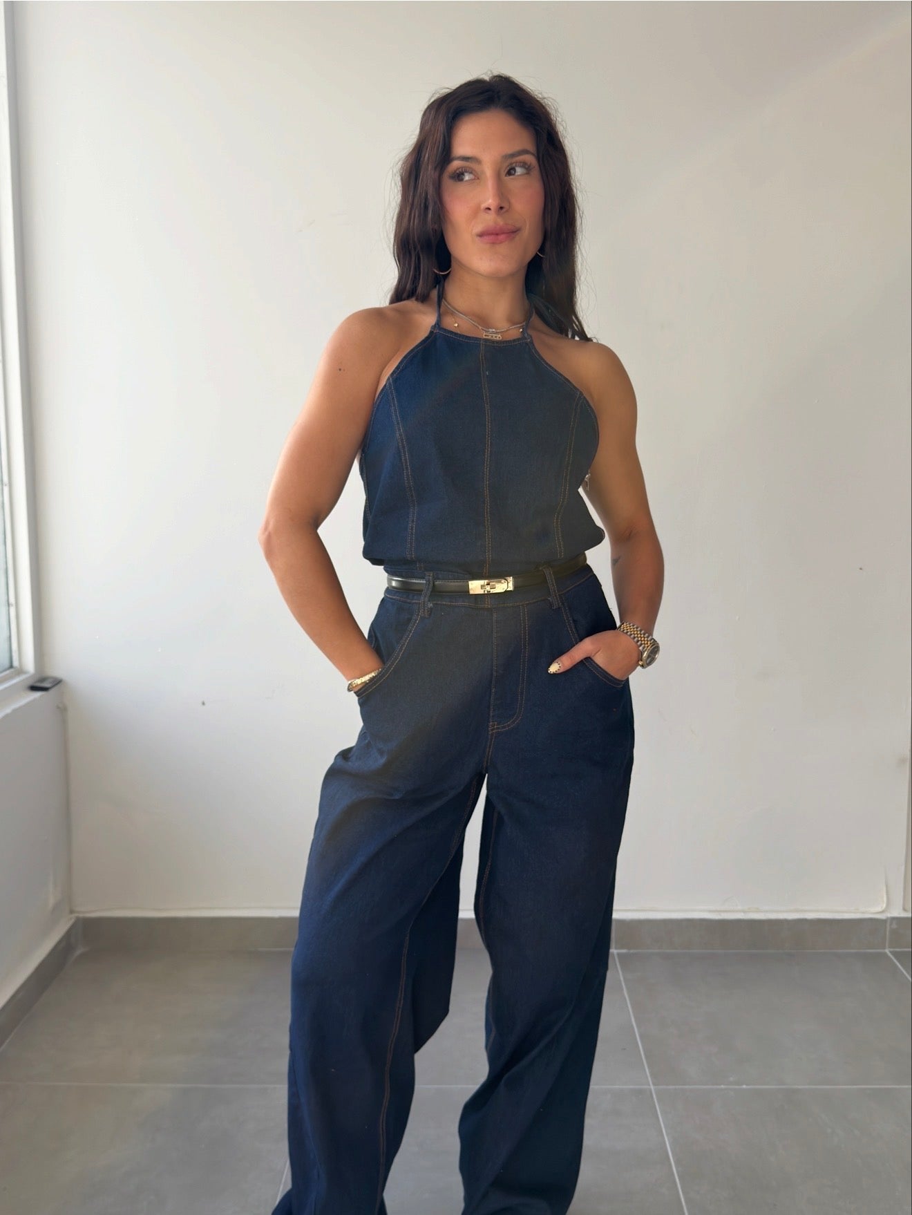 Dark Denim Open Back Jumpsuit