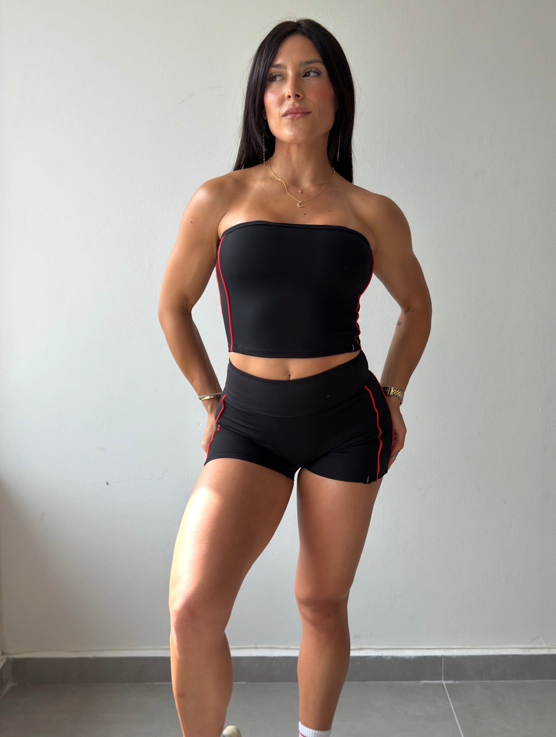 Black Red Tube Top Short Set