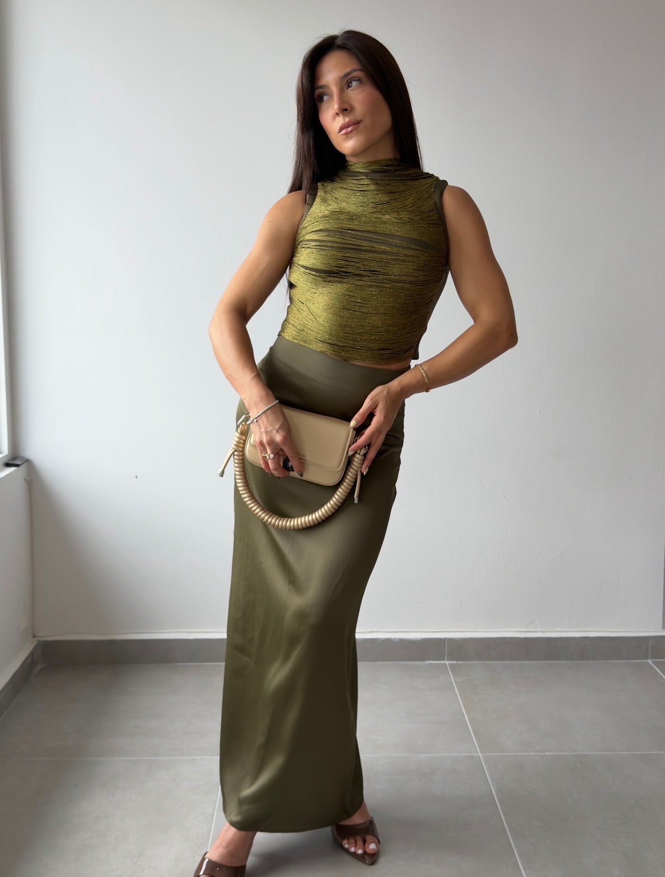 Olive Fringes Satin Set