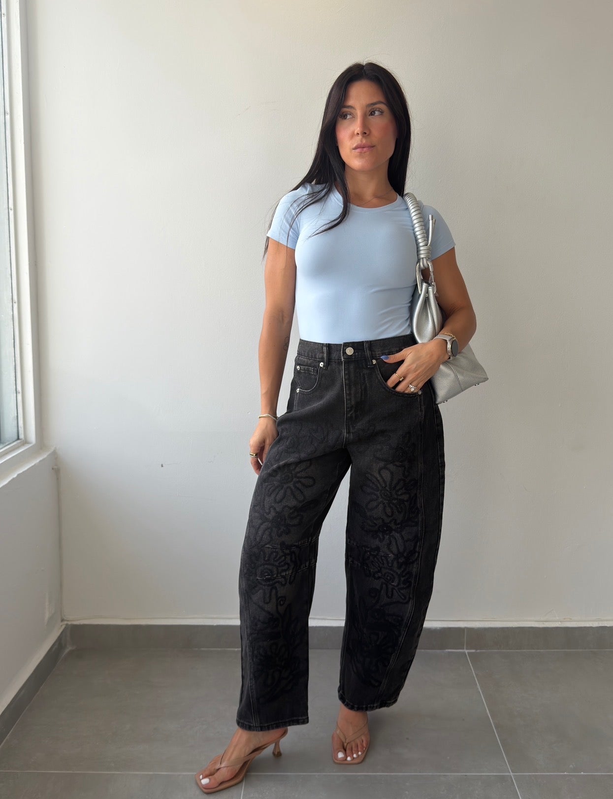 Black Embroidered Barrel Jean