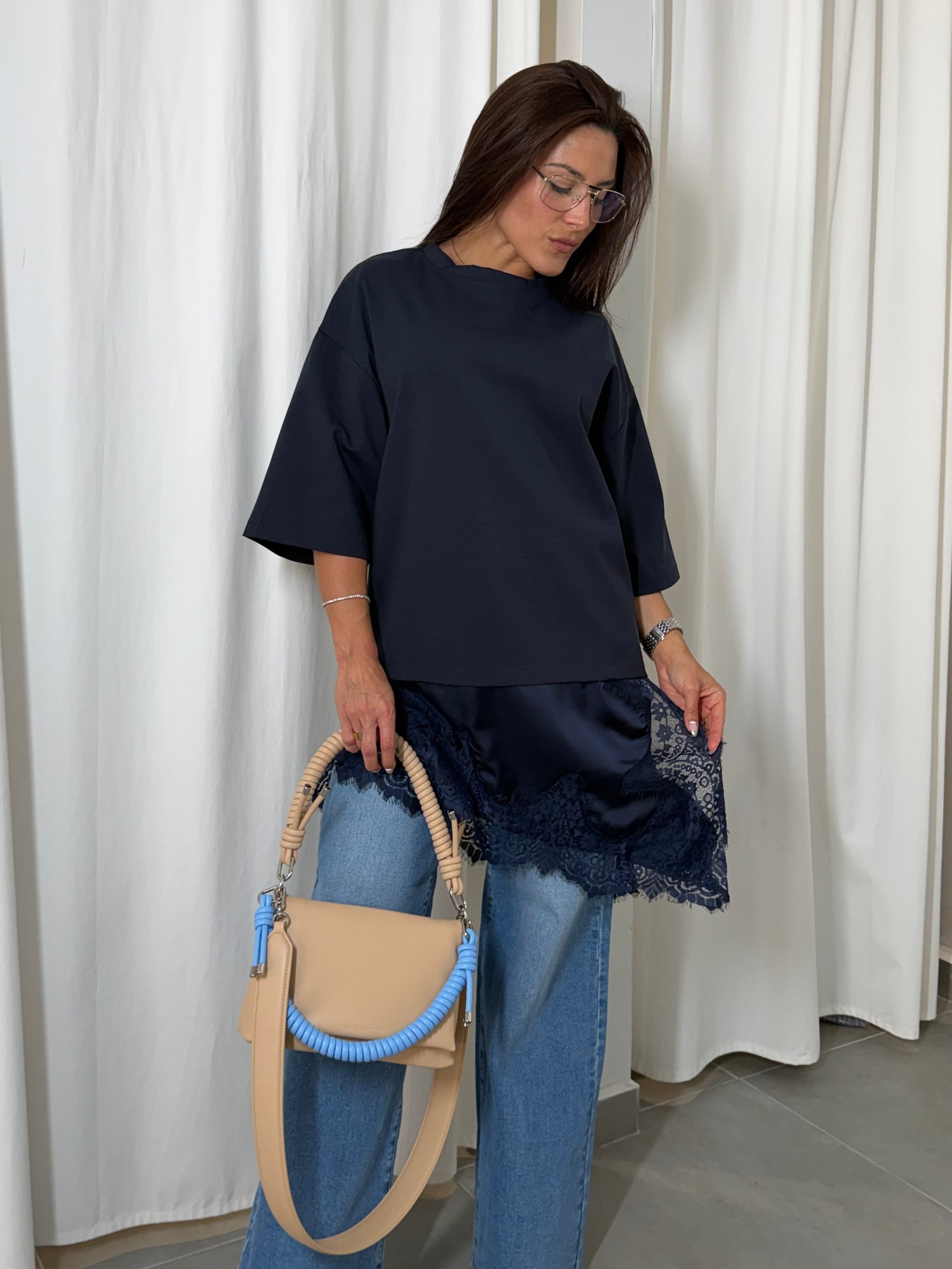 Navy Satin Lace Asymmetric Shirt