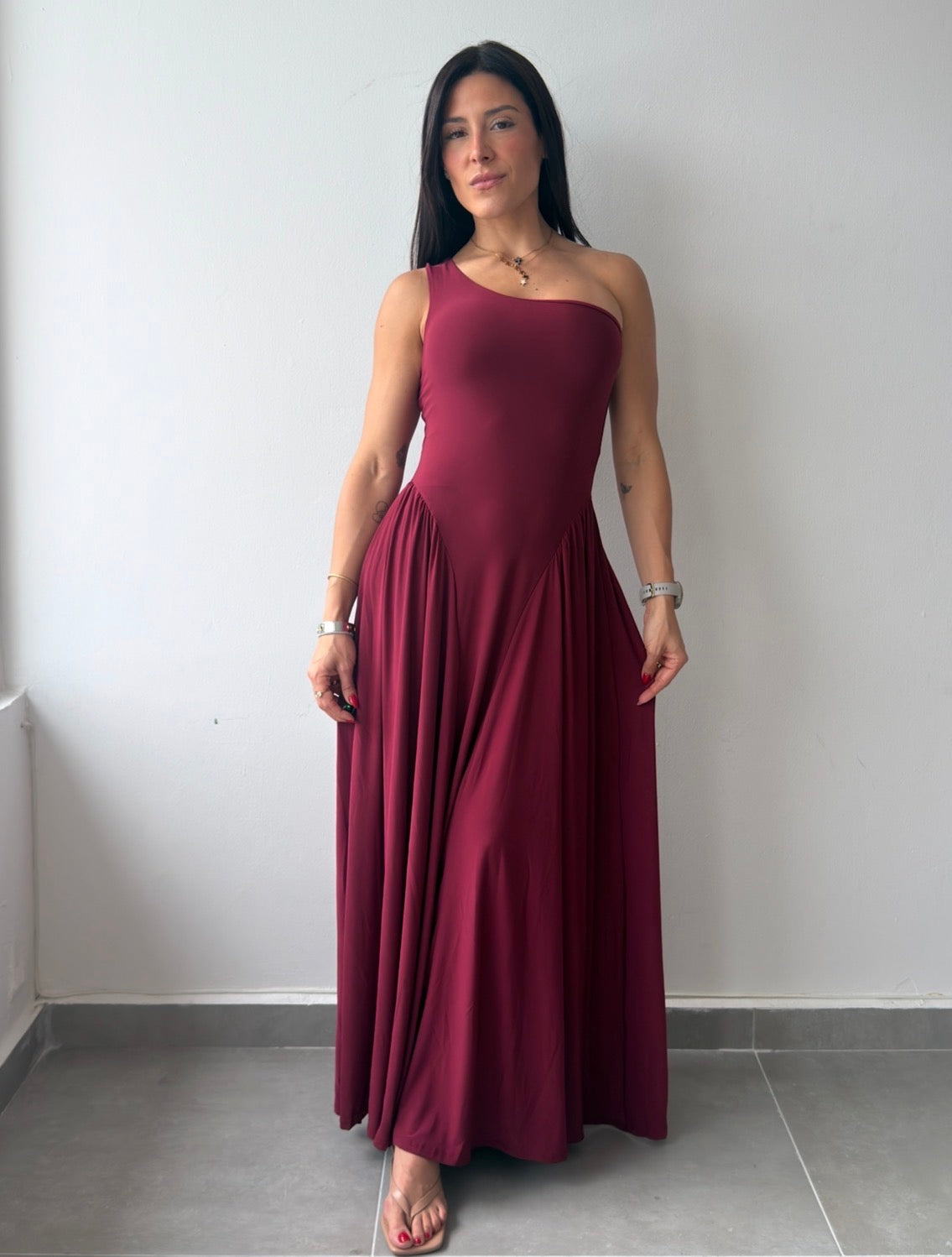 One Shoulder Maxi Dress (Burgundy)