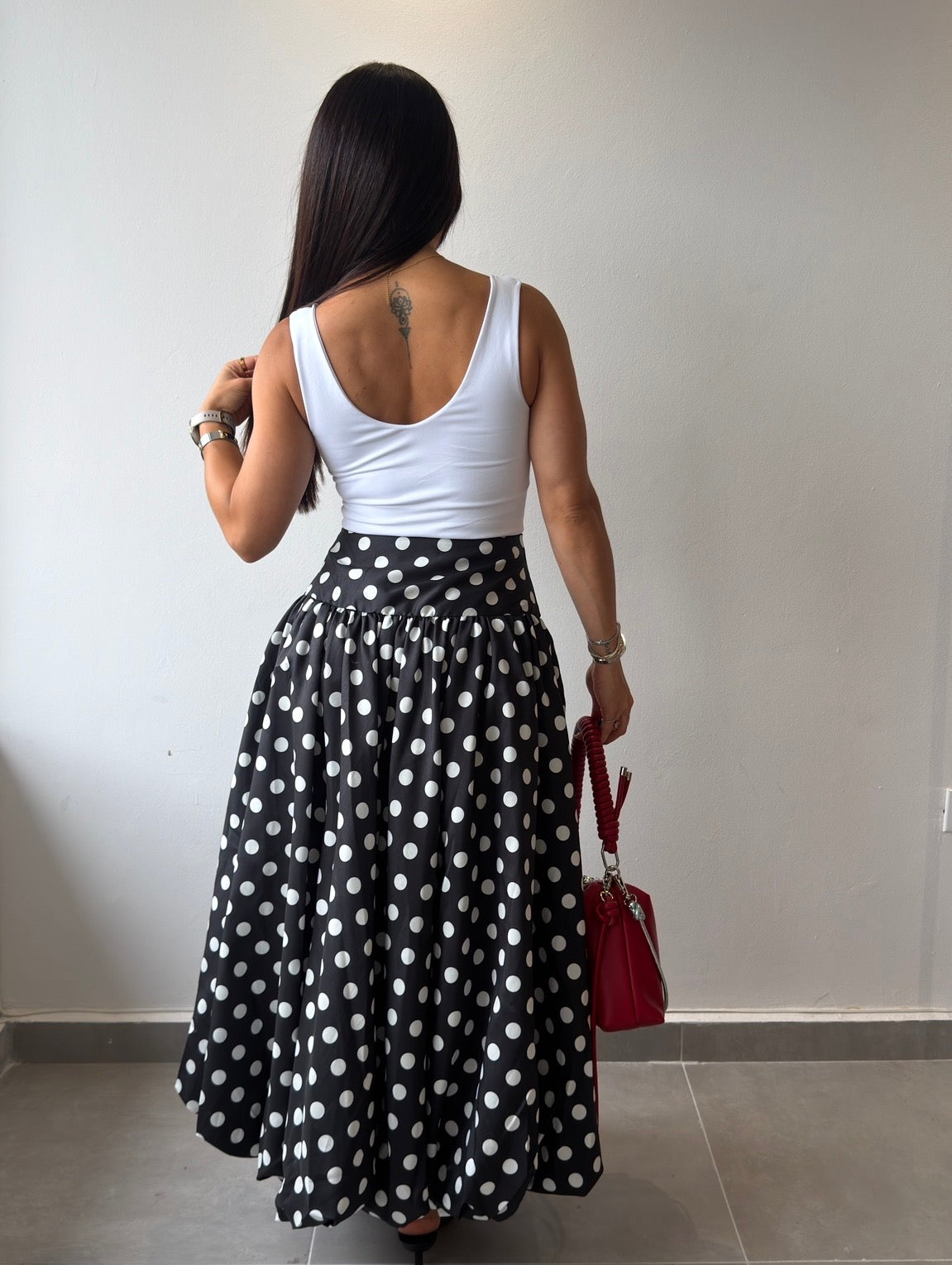 Polka Bubble Midi Skirt (Black)