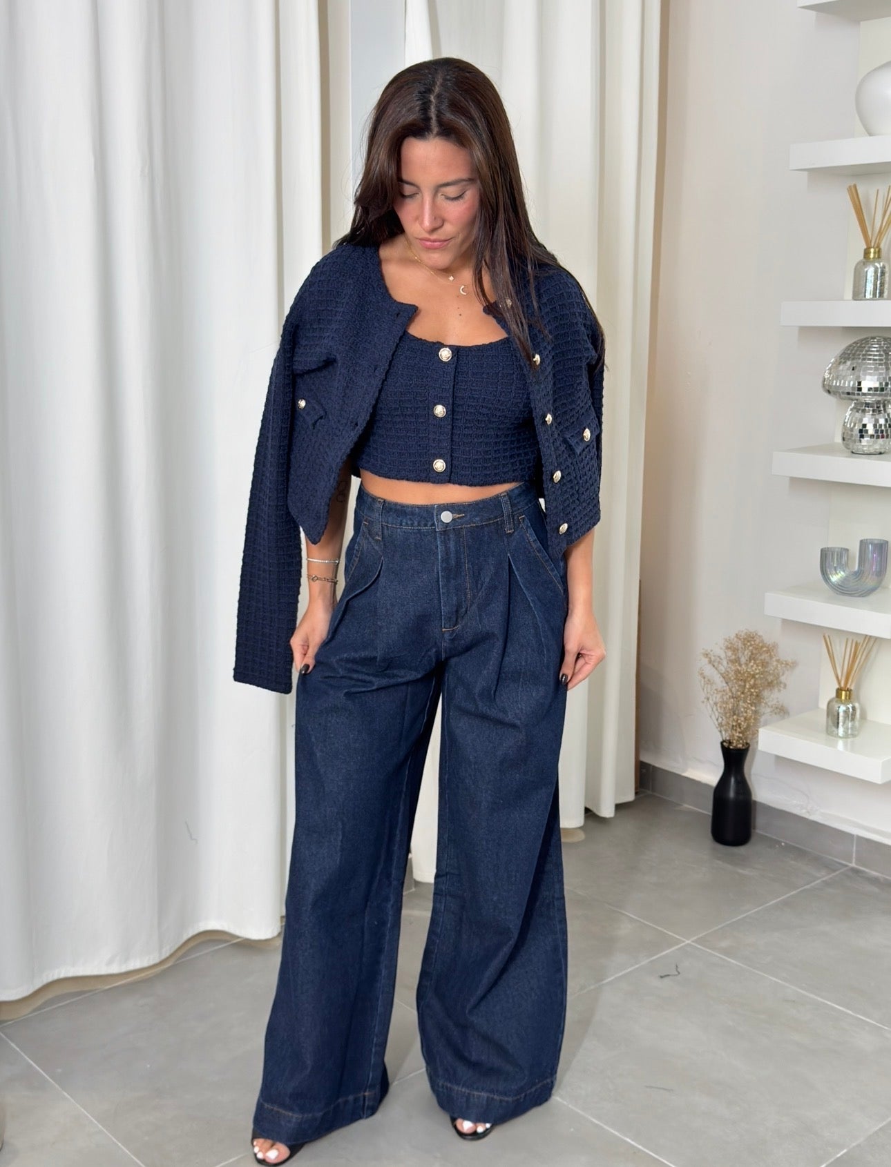 Tweed Knit Top and Cardigan Set (Navy)