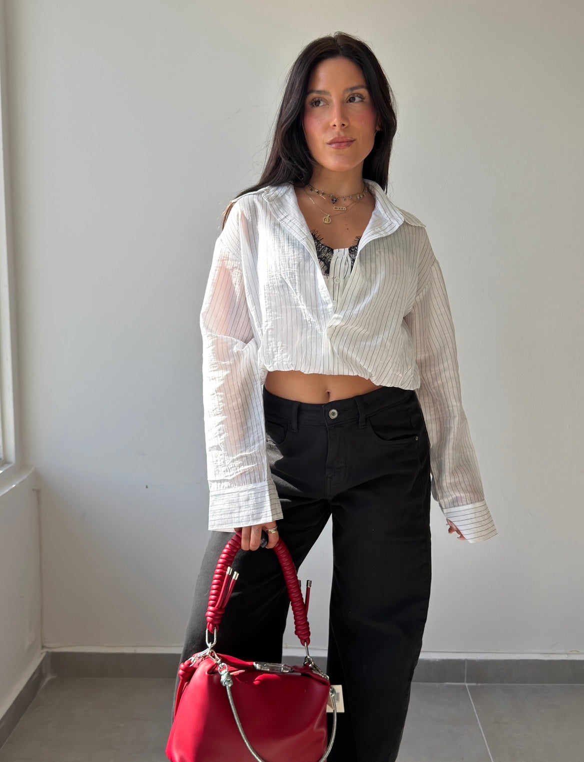 White Stripes Double Layer Button Down Top