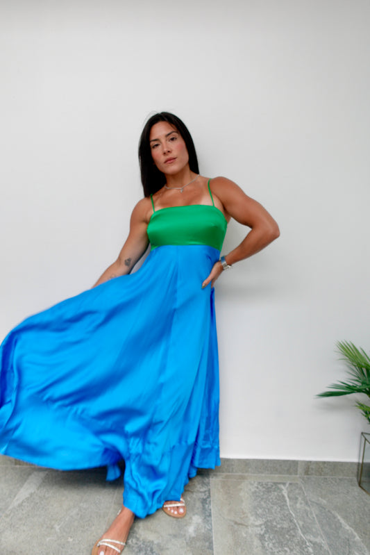 1 SMALL! Green & Blue Satin Maxi Dress
