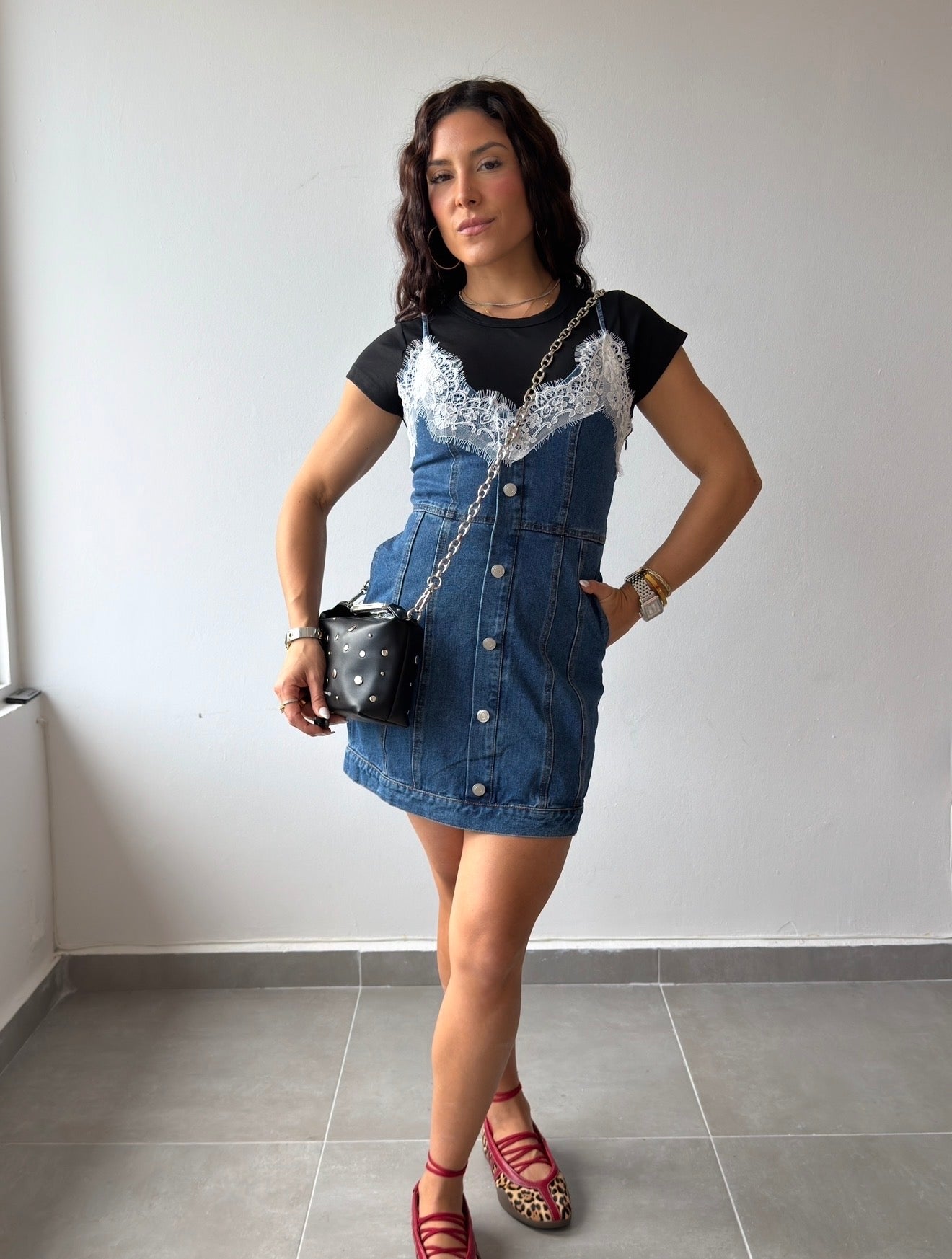 Denim Dress with Lace Detail