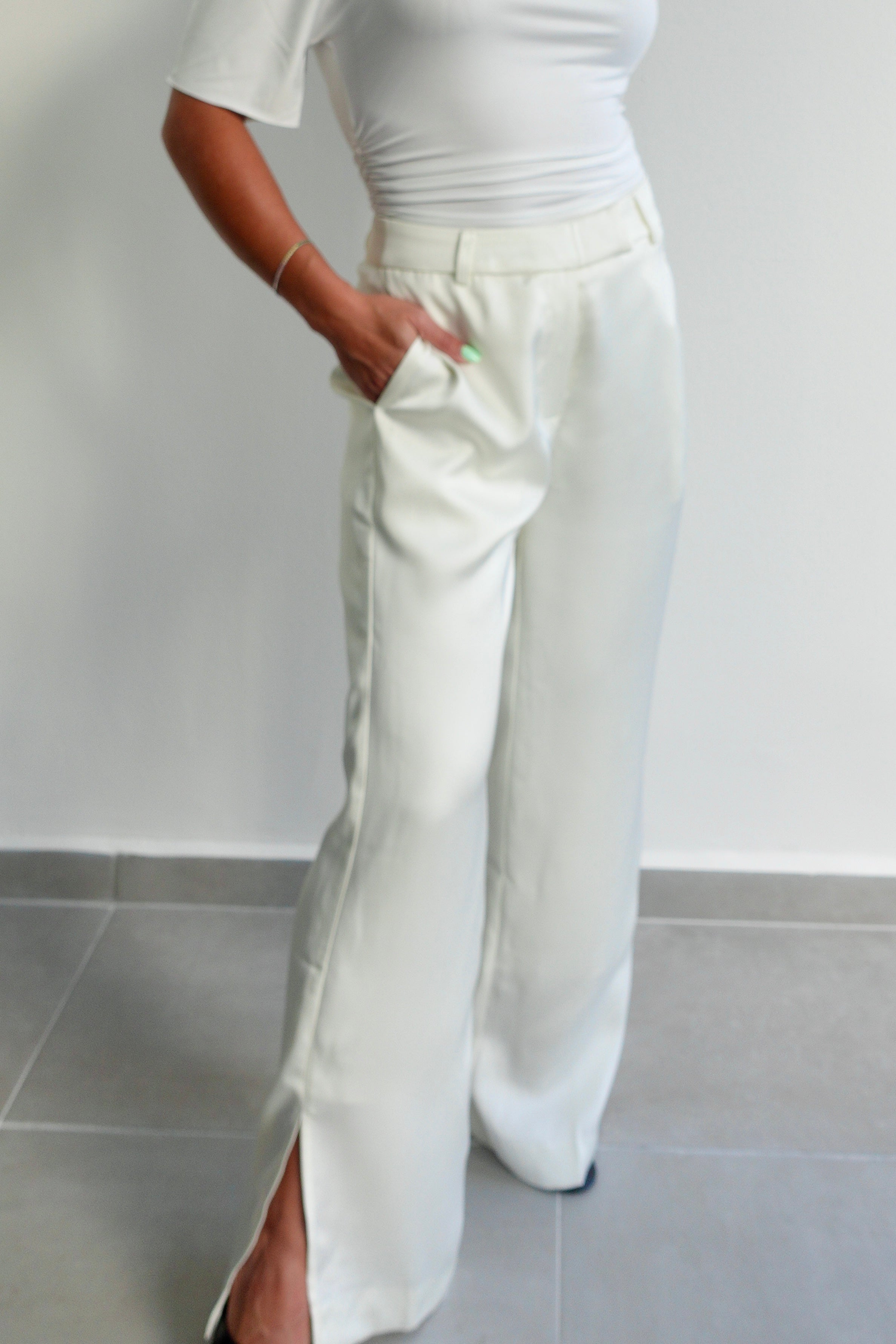 Ivory Satin Straight Leg Trousers