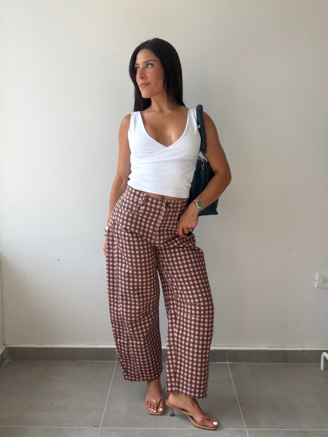 Pink/Brown Gingham Barrel Pants