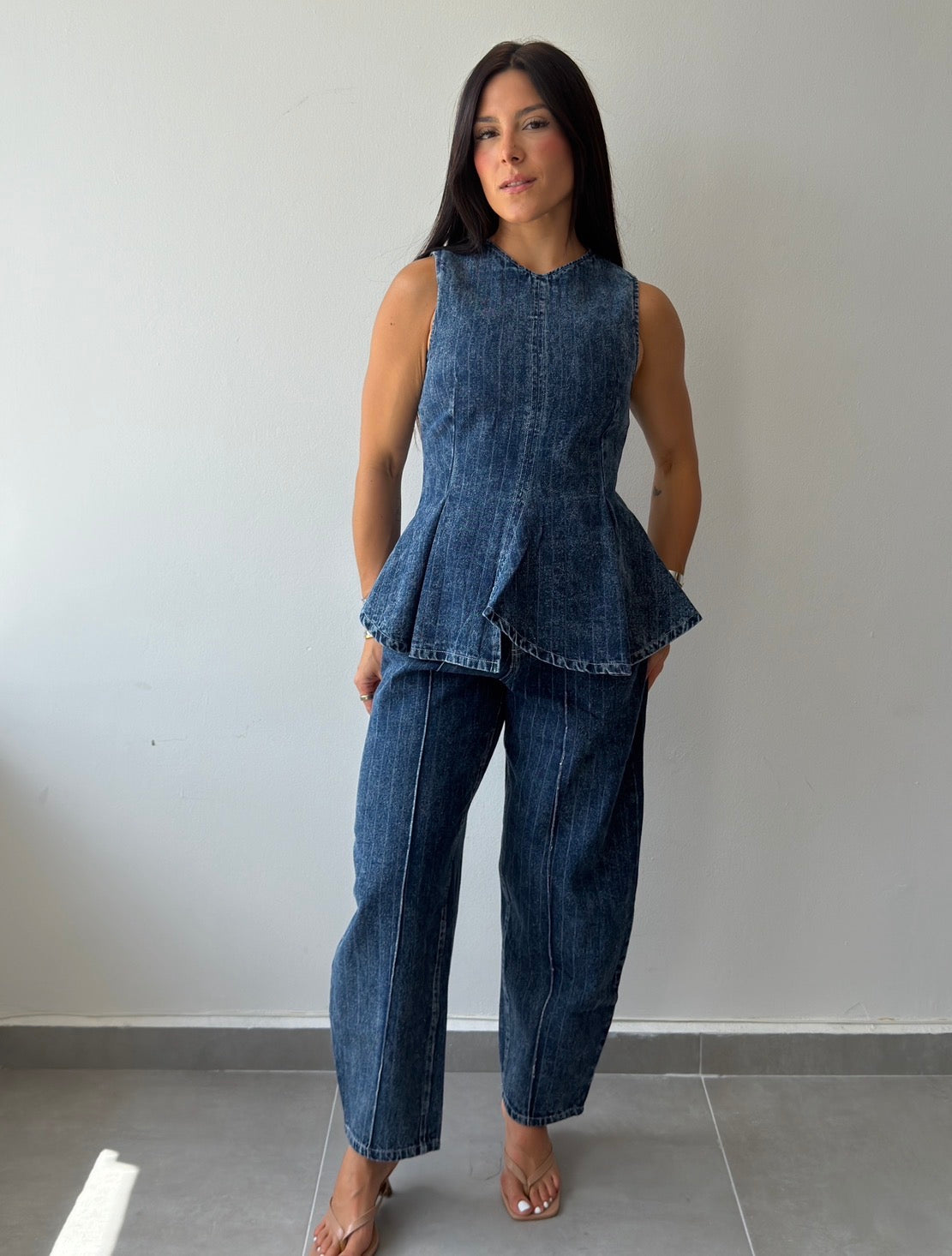Denim Striped Peplum Top Barrel Jeans Set