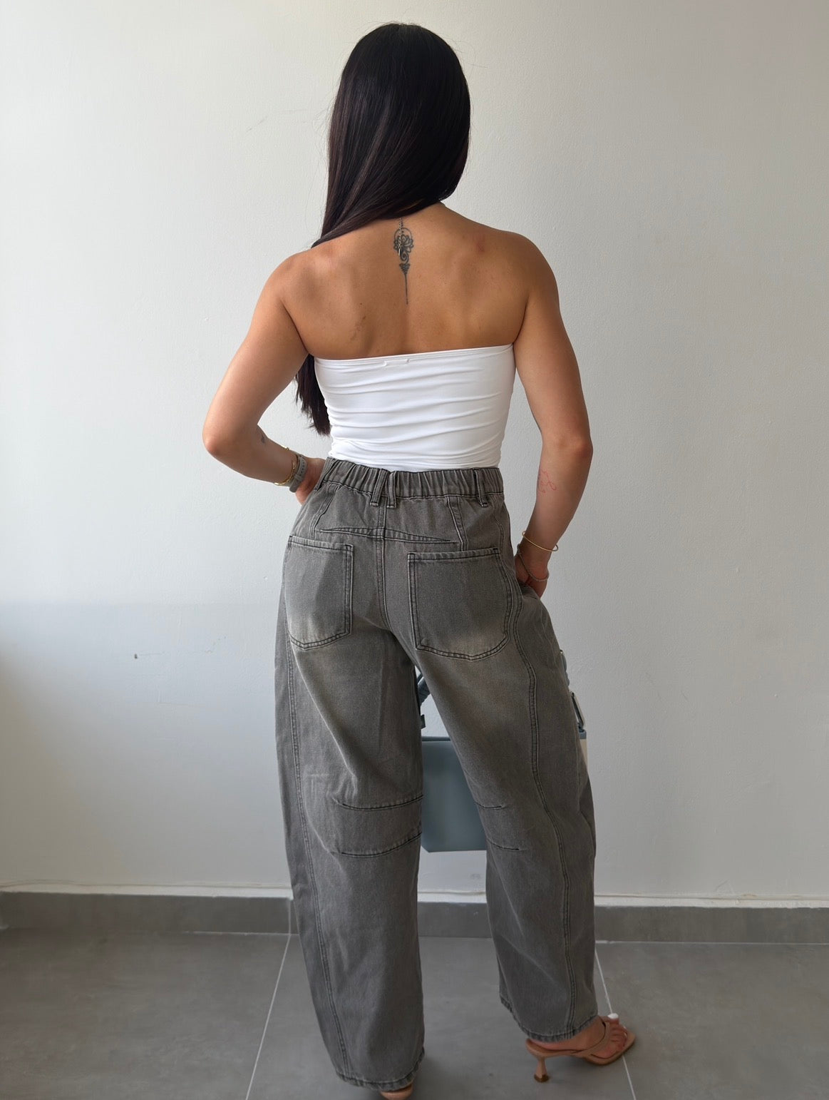Gray Embroidered Barrel Jean