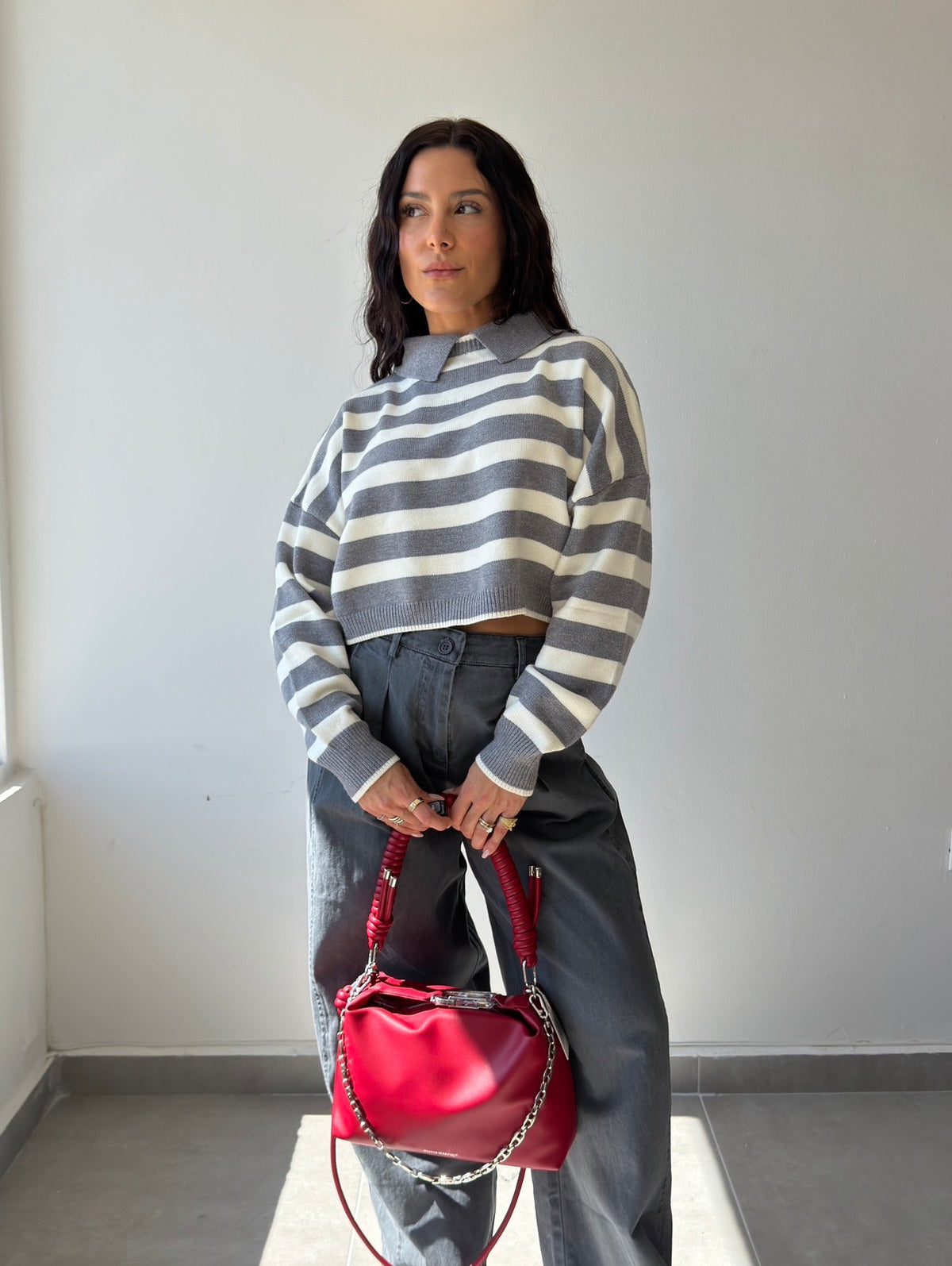 Grey Striped Cropped Sweater
