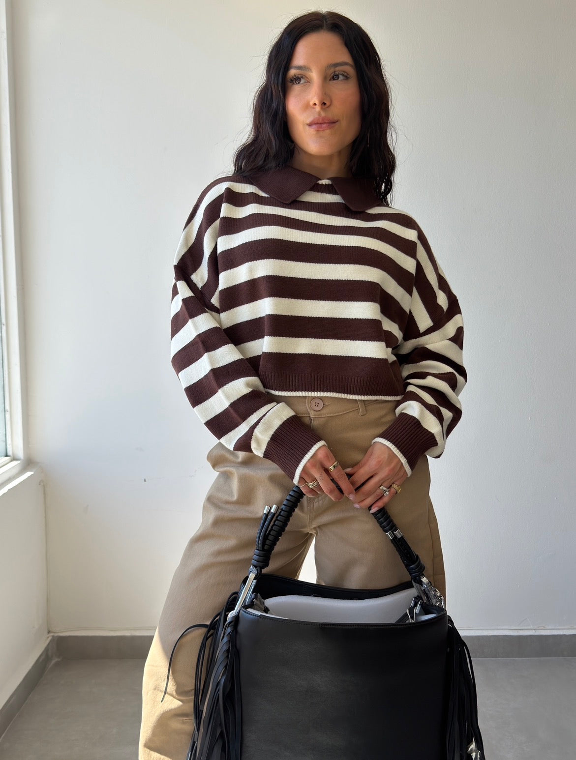 Brown Striped Cropped Sweater