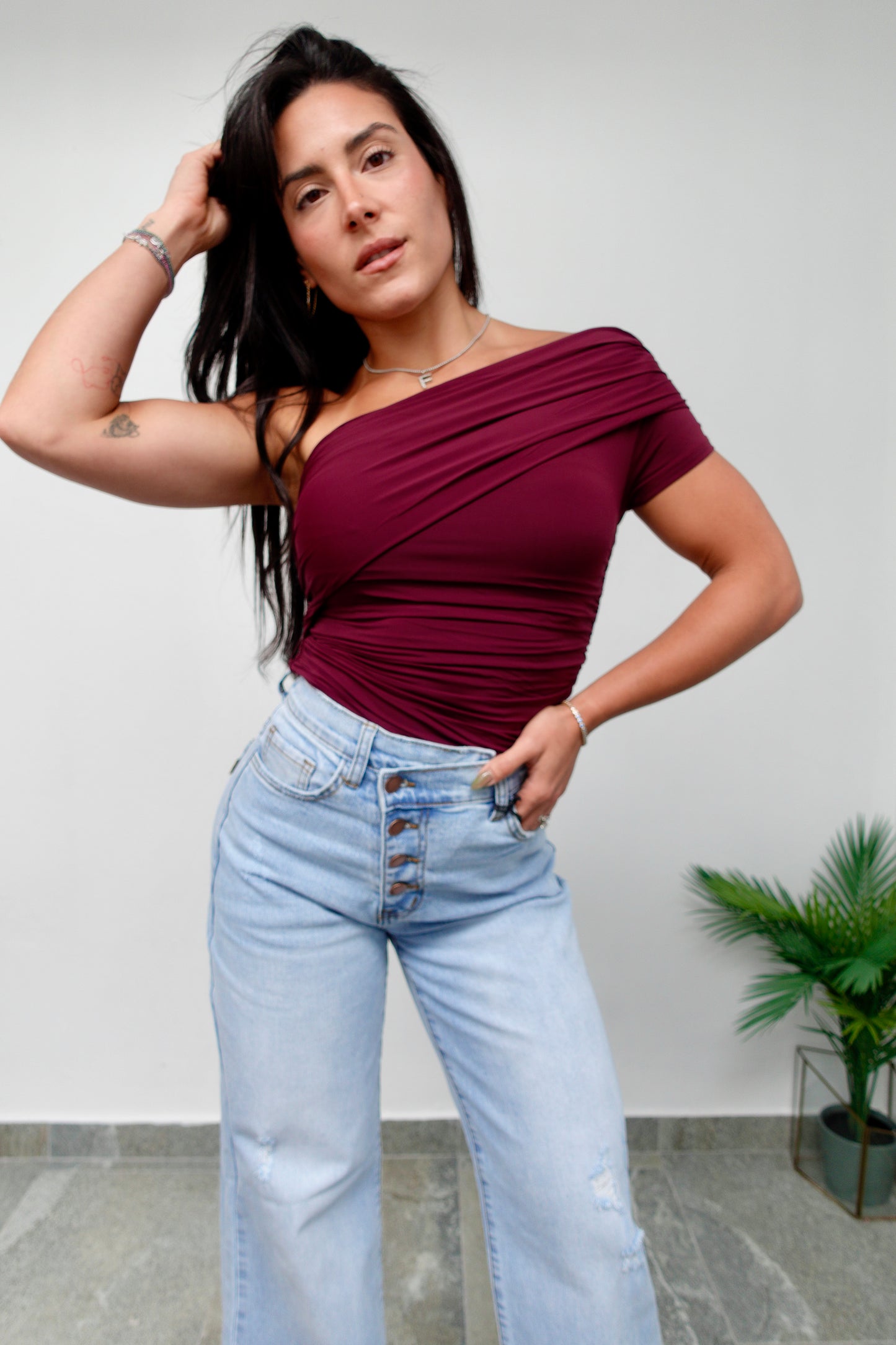 Black Cherry One Shoulder Top
