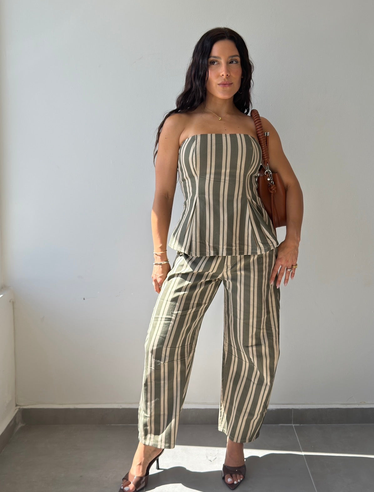 Olive/Cream Striped Denim Set