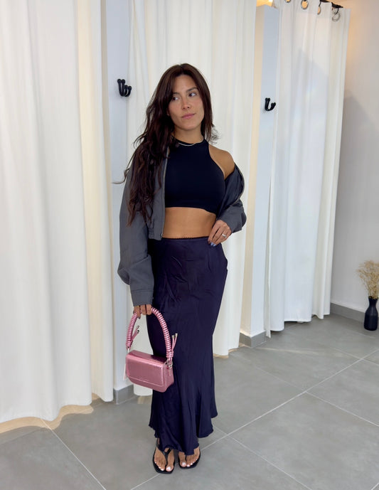 Navy Satin Slip Skirt