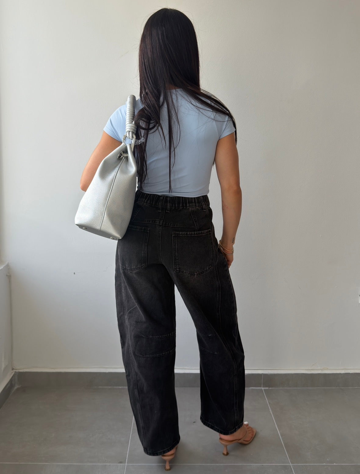 Black Embroidered Barrel Jean