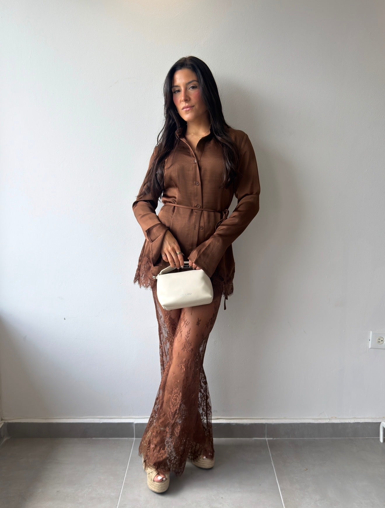 Brown Satin Lace Set