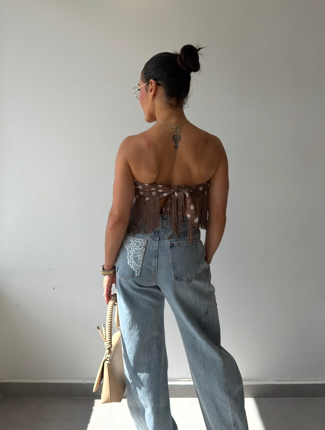 Brown Polka Fringes Scarf Top