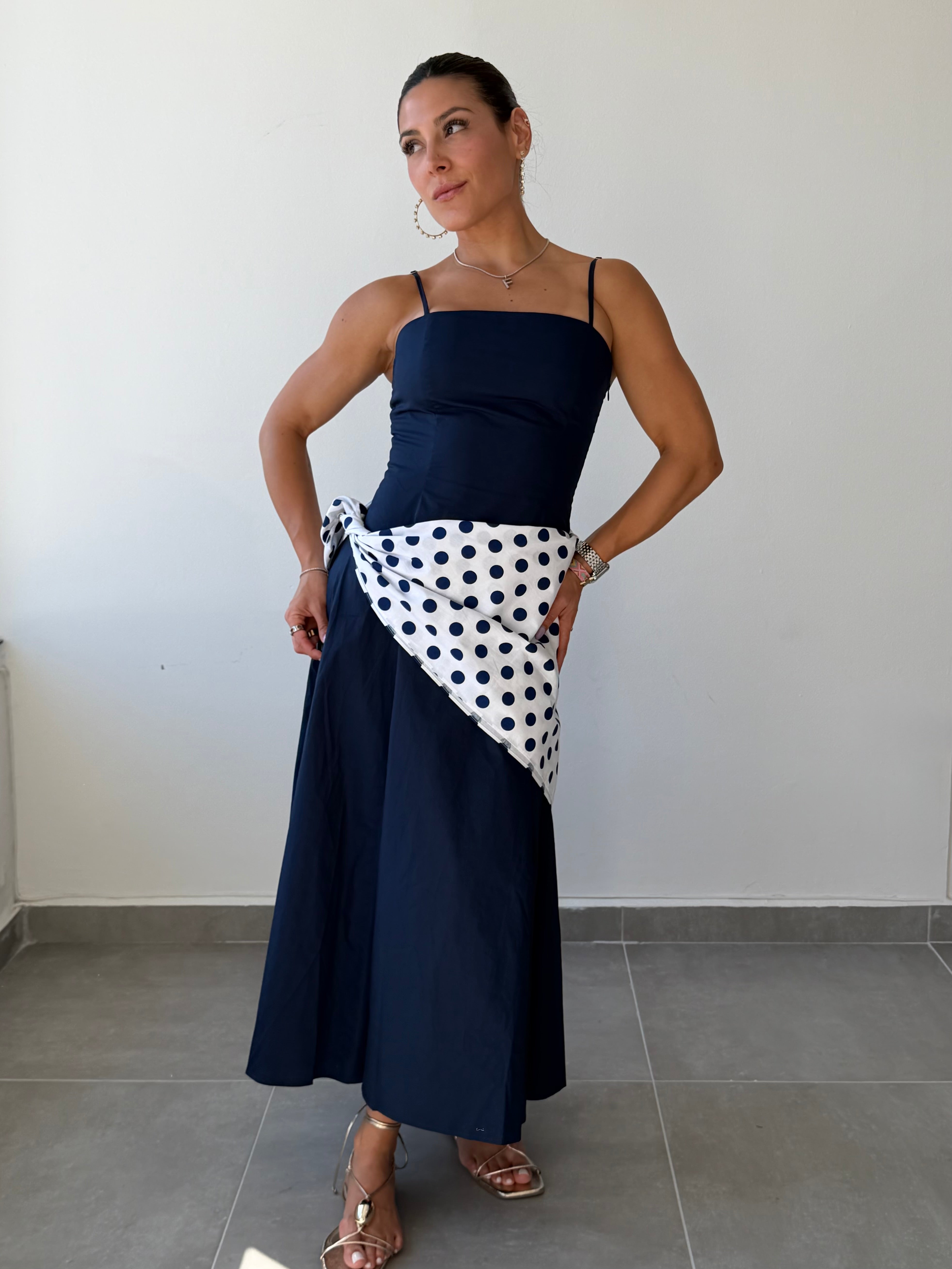 Navy Polka Scarf Midi Dress