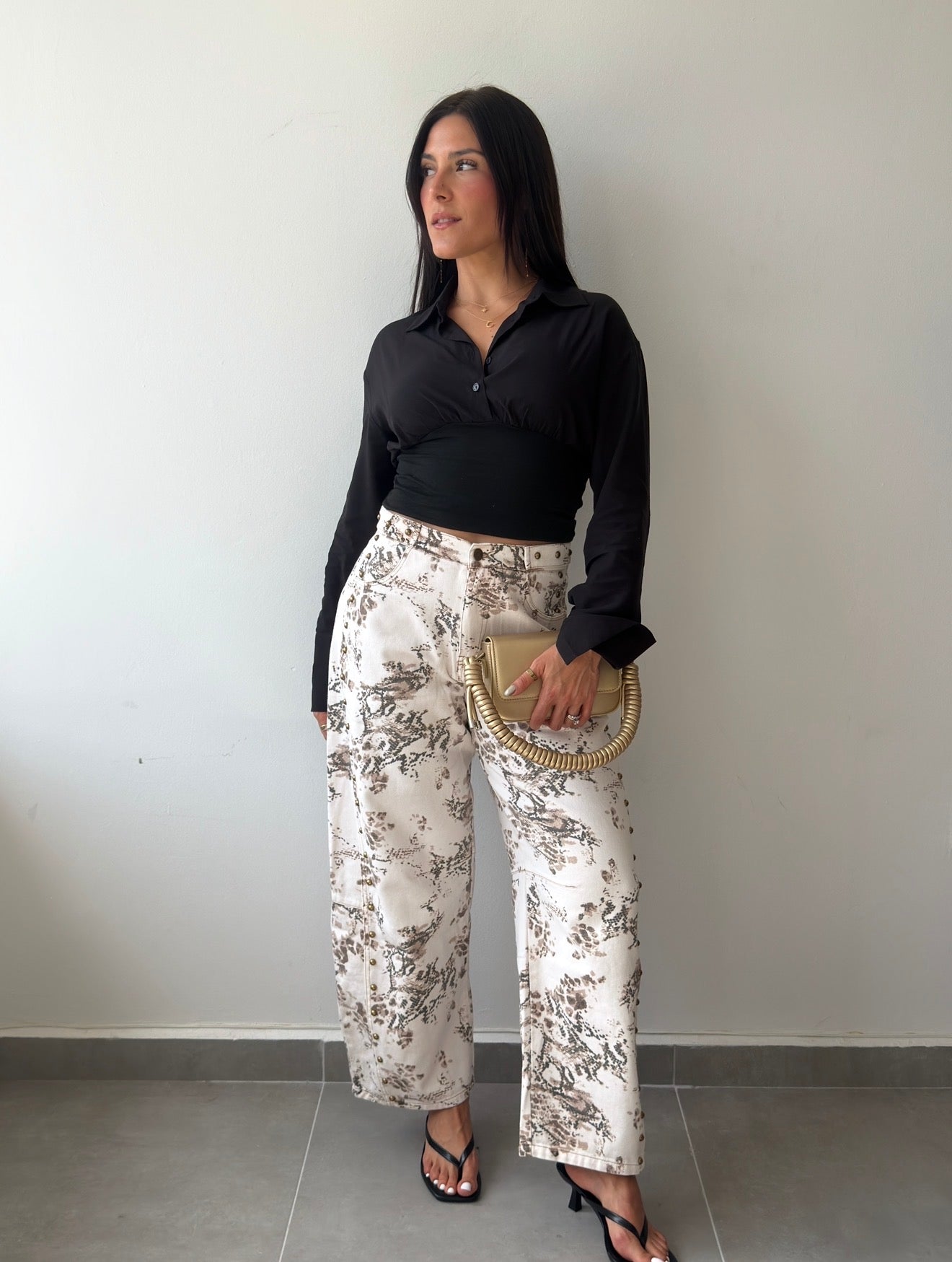 Animal Print Studded Barrel Pants