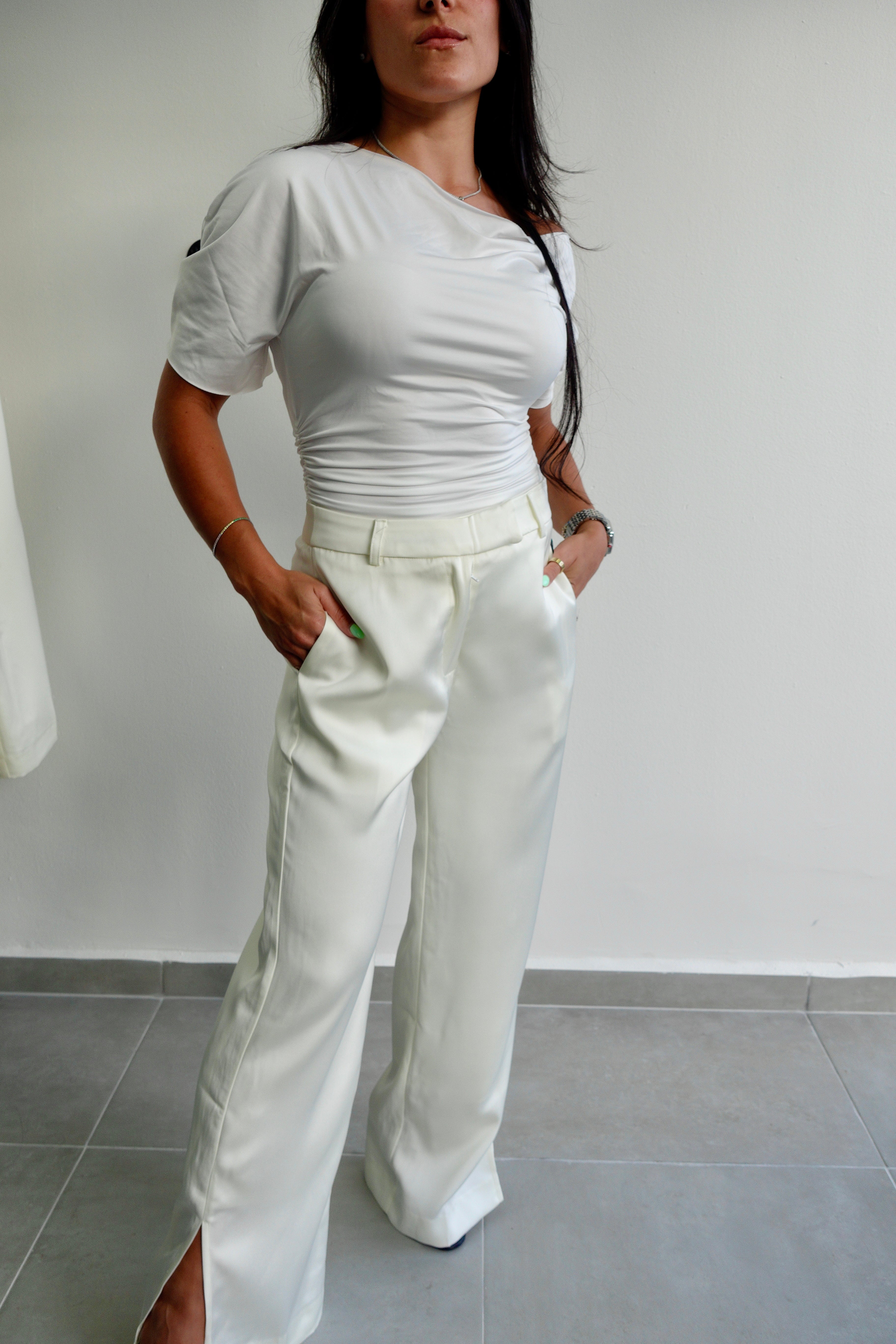 Ivory Satin Straight Leg Trousers