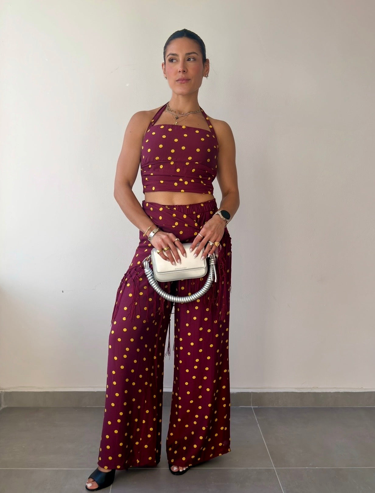 Burgundy/Yellow Polka Set