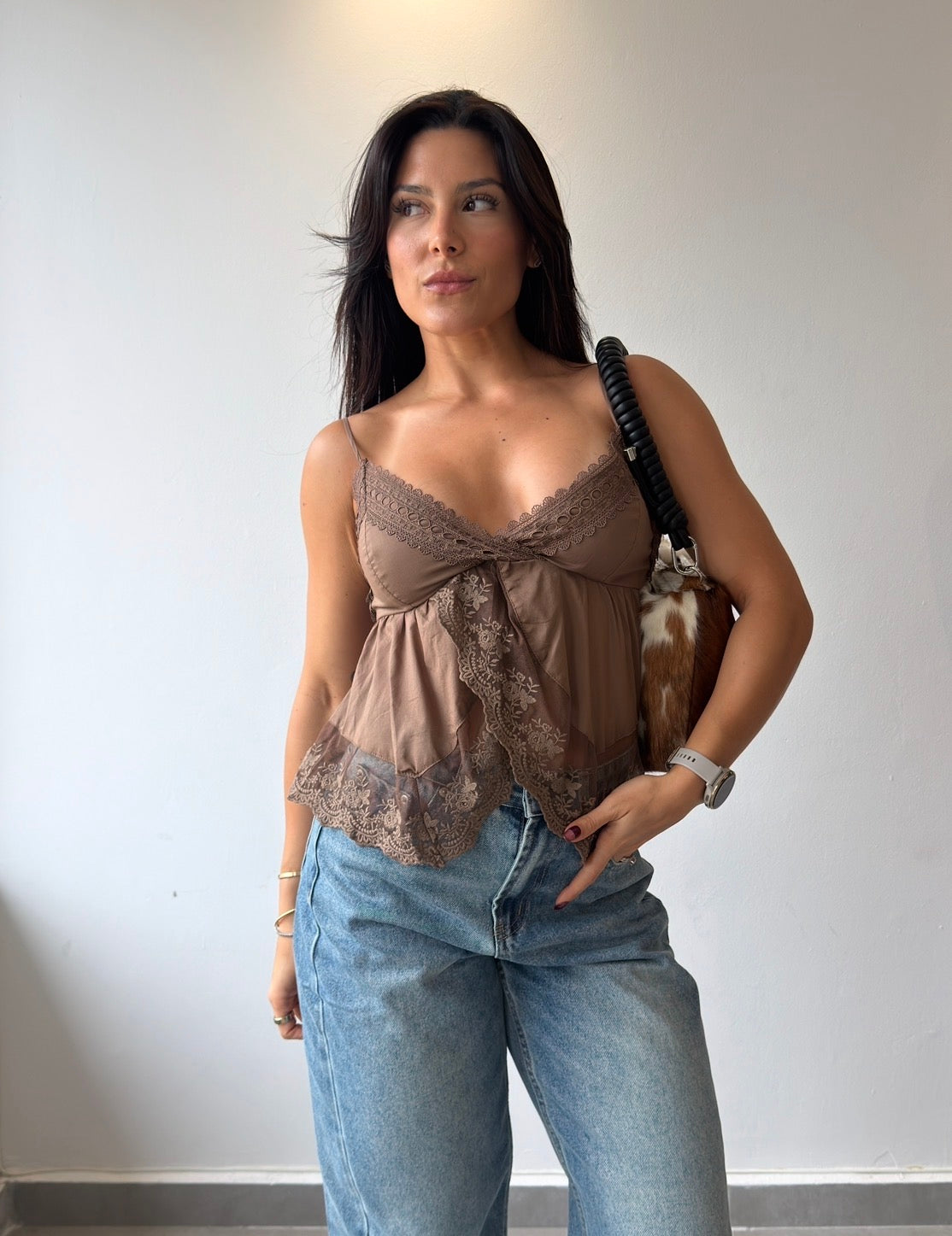 Brown Lace Detail Top