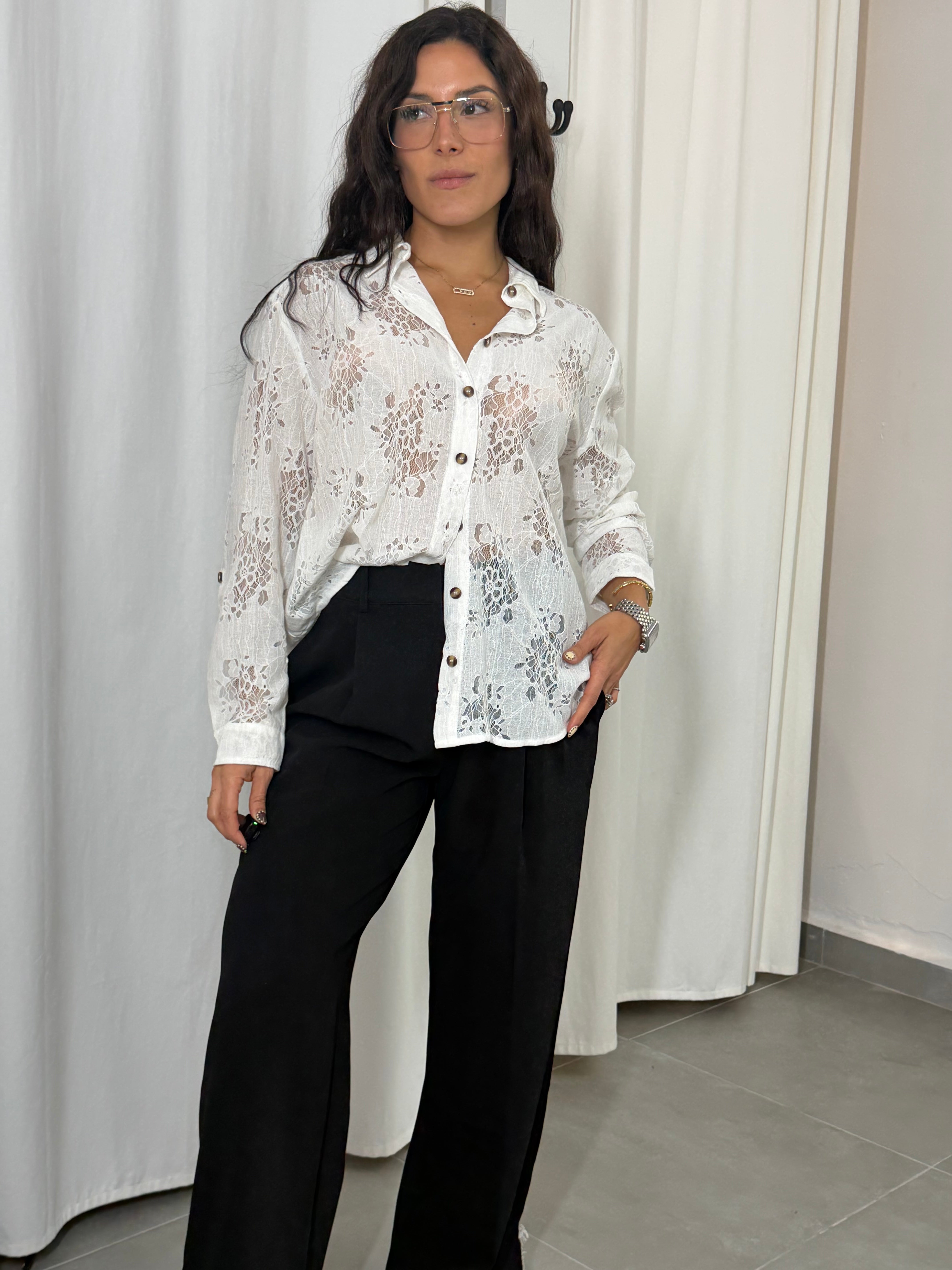Lace Button Down Shirt (White)